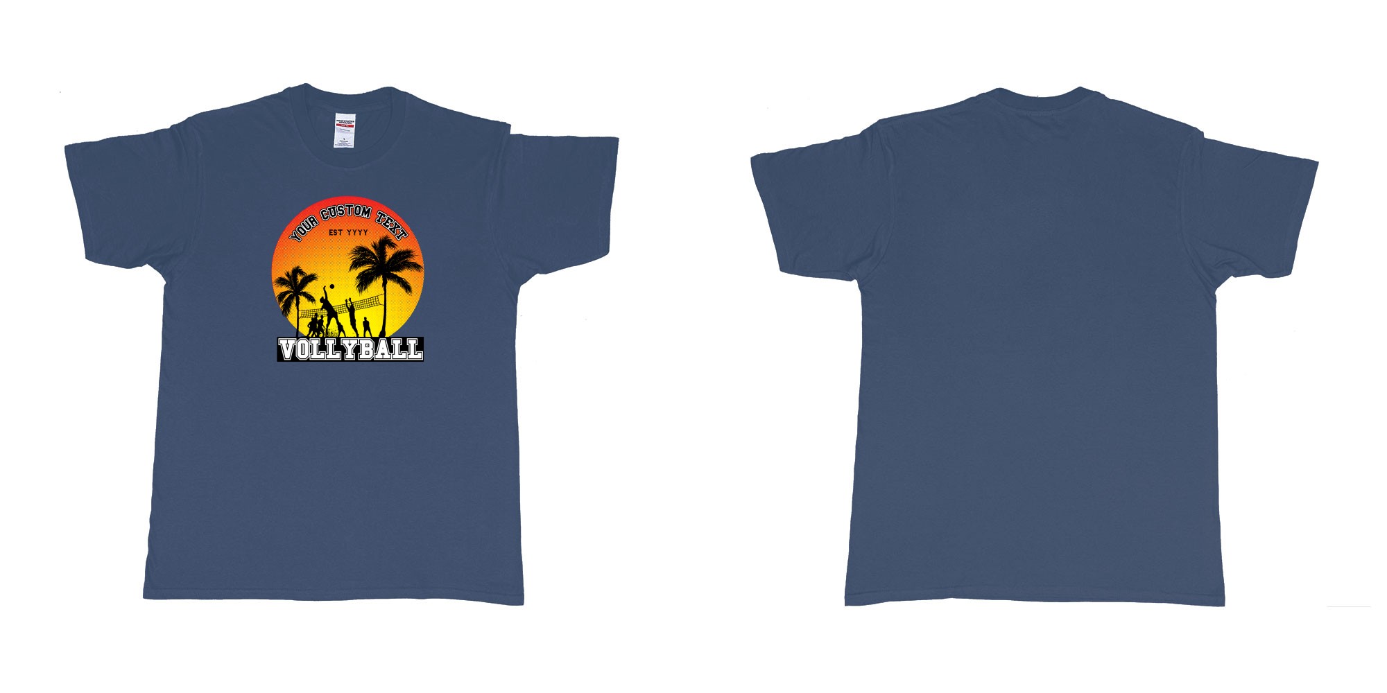 Custom tshirt design sunset volleyball t shirt with a sunset view and your custom print text and year in fabric color navy choice your own text made in Bali by The Pirate Way
