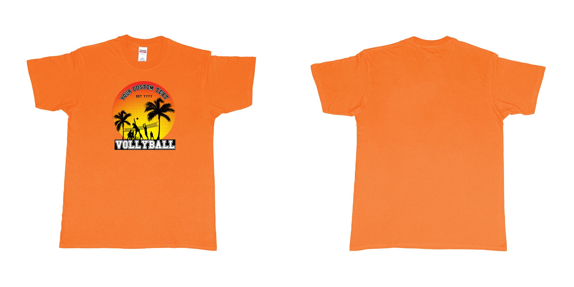 Custom tshirt design sunset volleyball t shirt with a sunset view and your custom print text and year in fabric color orange choice your own text made in Bali by The Pirate Way