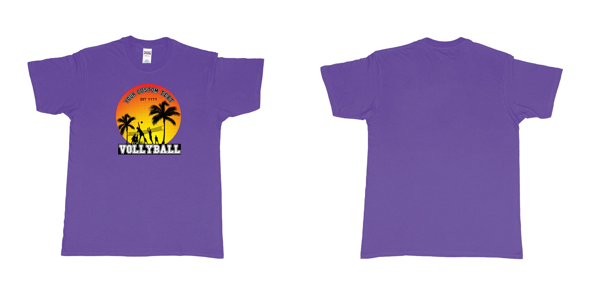 Custom tshirt design sunset volleyball t shirt with a sunset view and your custom print text and year in fabric color purple choice your own text made in Bali by The Pirate Way