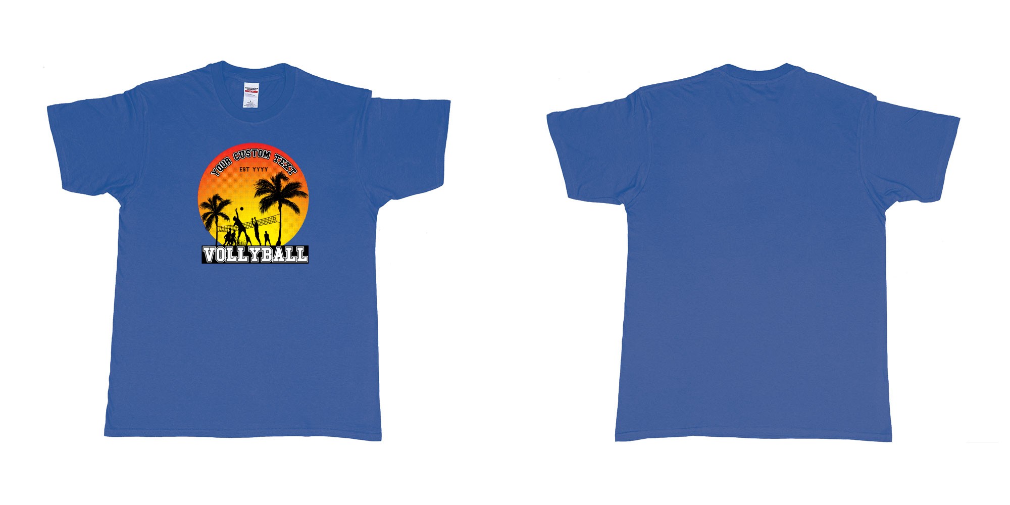 Custom tshirt design sunset volleyball t shirt with a sunset view and your custom print text and year in fabric color royal-blue choice your own text made in Bali by The Pirate Way