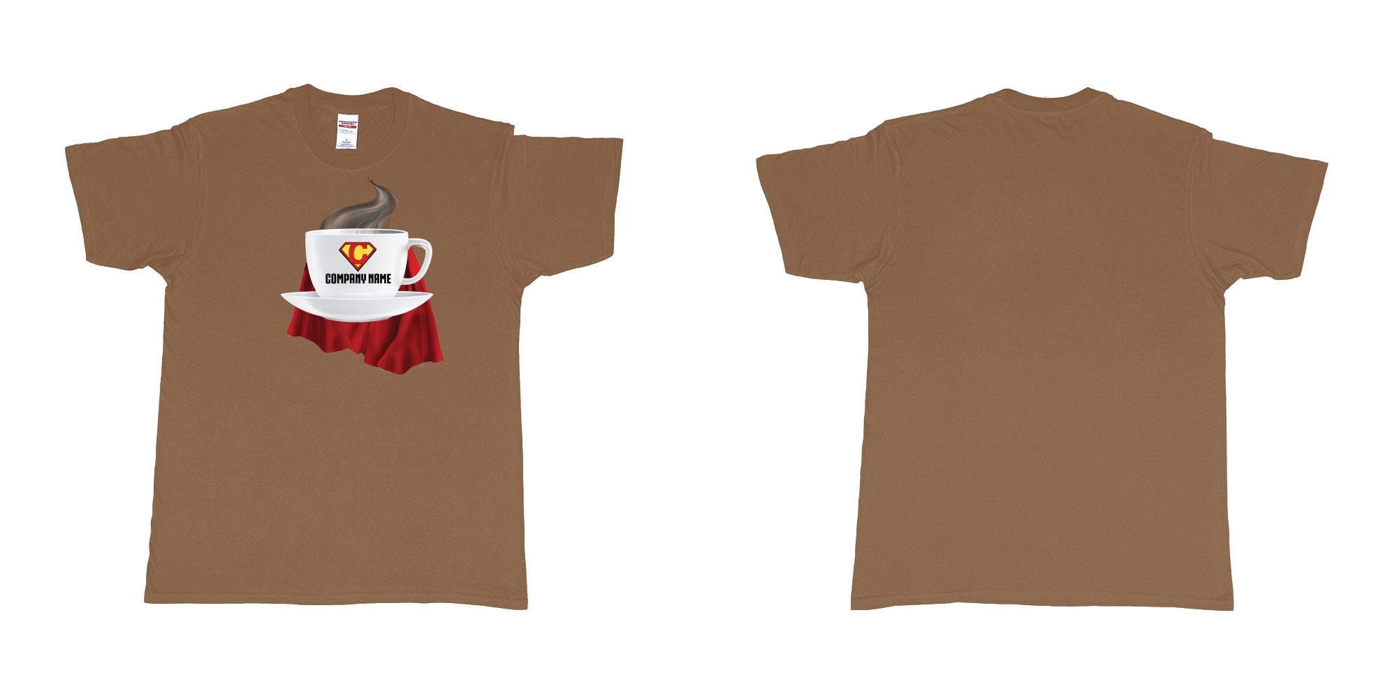 Custom tshirt design superman coffee cup with a cape in fabric color chestnut choice your own text made in Bali by The Pirate Way
