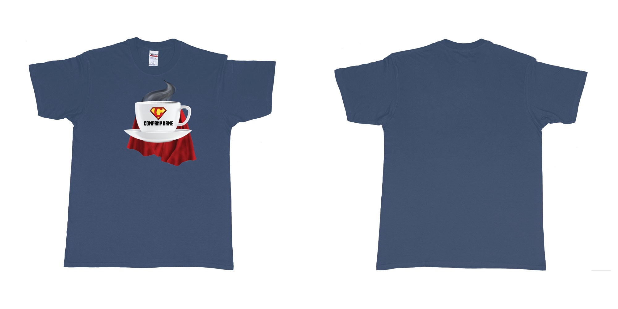 Custom tshirt design superman coffee cup with a cape in fabric color navy choice your own text made in Bali by The Pirate Way