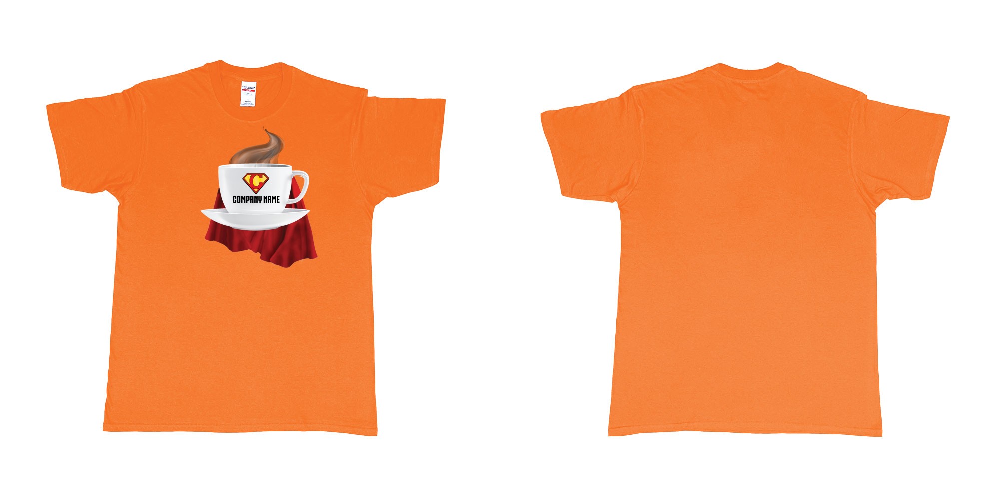 Custom tshirt design superman coffee cup with a cape in fabric color orange choice your own text made in Bali by The Pirate Way