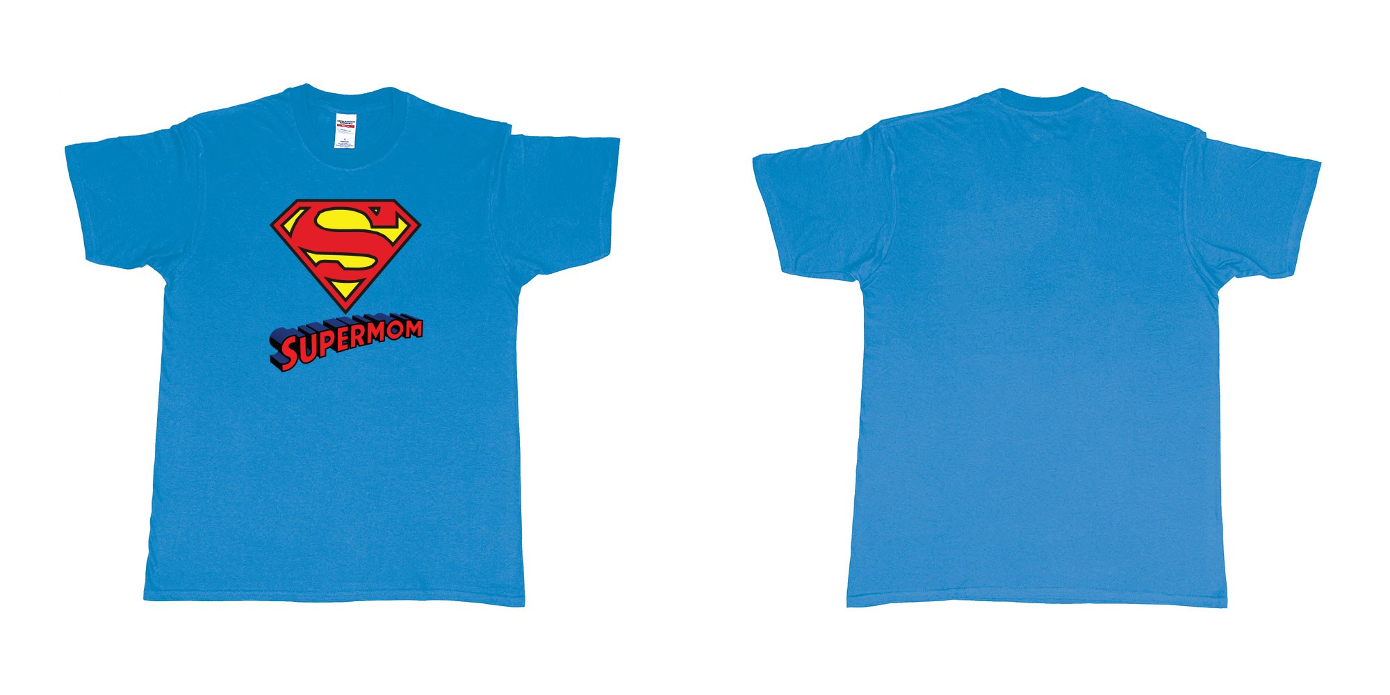 Custom tshirt design superman logo with own custom text print bali in fabric color sapphire choice your own text made in Bali by The Pirate Way
