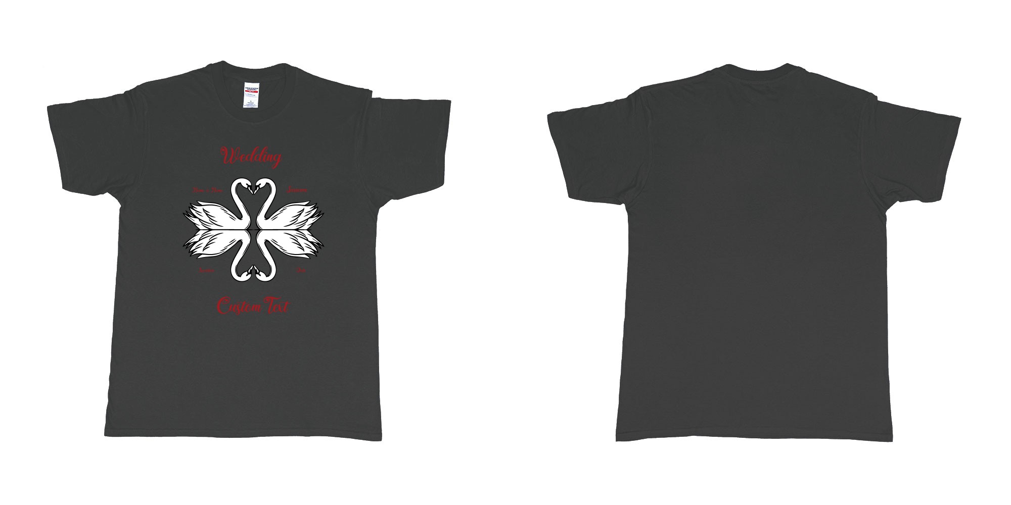 Custom tshirt design swans hearts reflection in fabric color black choice your own text made in Bali by The Pirate Way