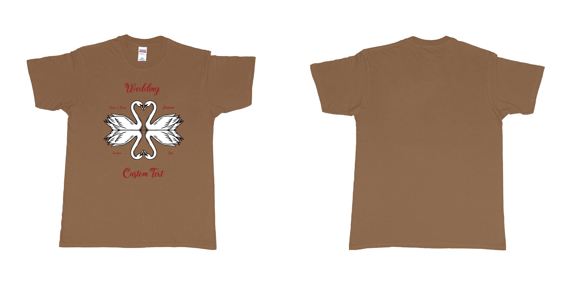 Custom tshirt design swans hearts reflection in fabric color chestnut choice your own text made in Bali by The Pirate Way