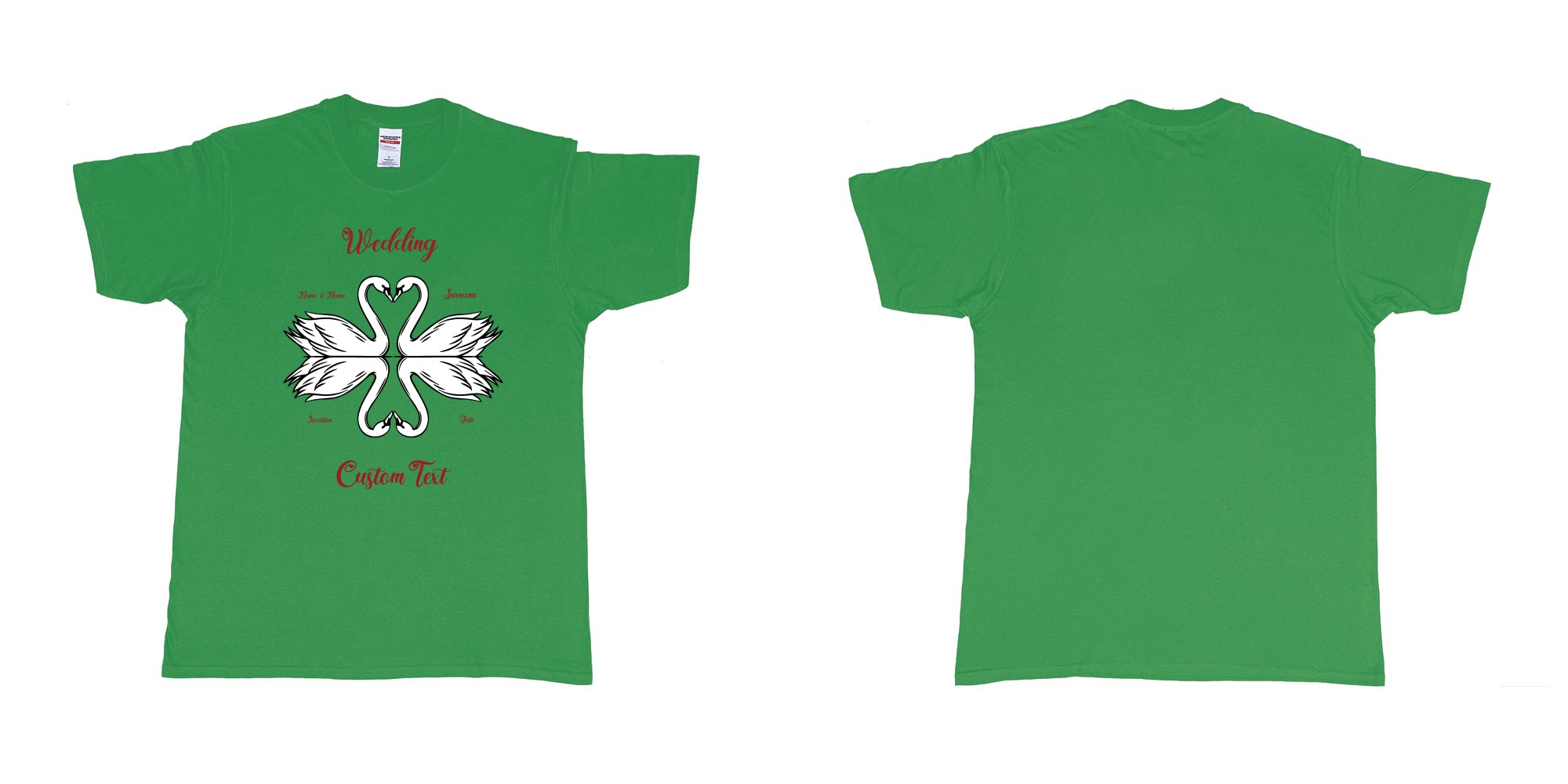 Custom tshirt design swans hearts reflection in fabric color irish-green choice your own text made in Bali by The Pirate Way