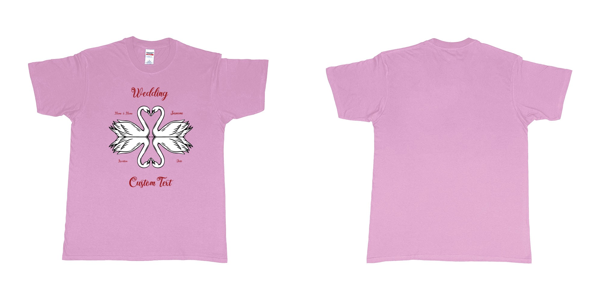 Custom tshirt design swans hearts reflection in fabric color light-pink choice your own text made in Bali by The Pirate Way