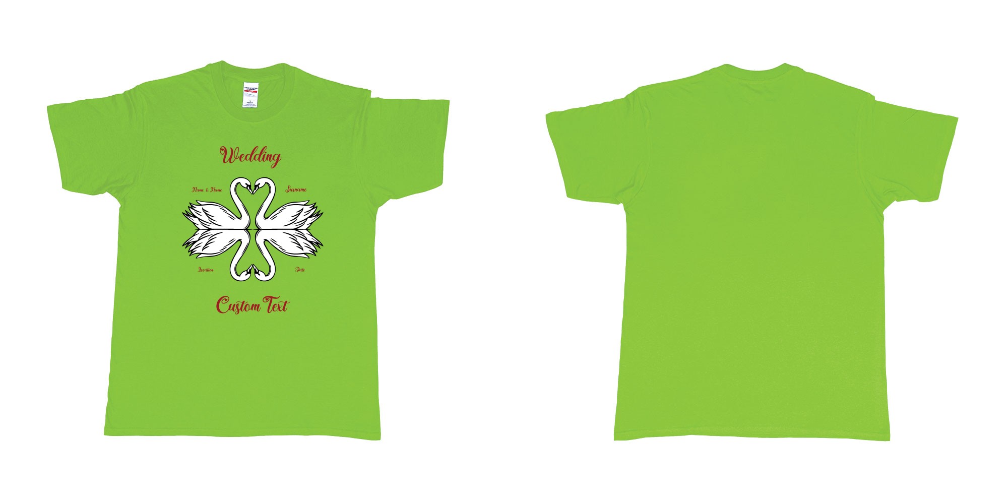 Custom tshirt design swans hearts reflection in fabric color lime choice your own text made in Bali by The Pirate Way