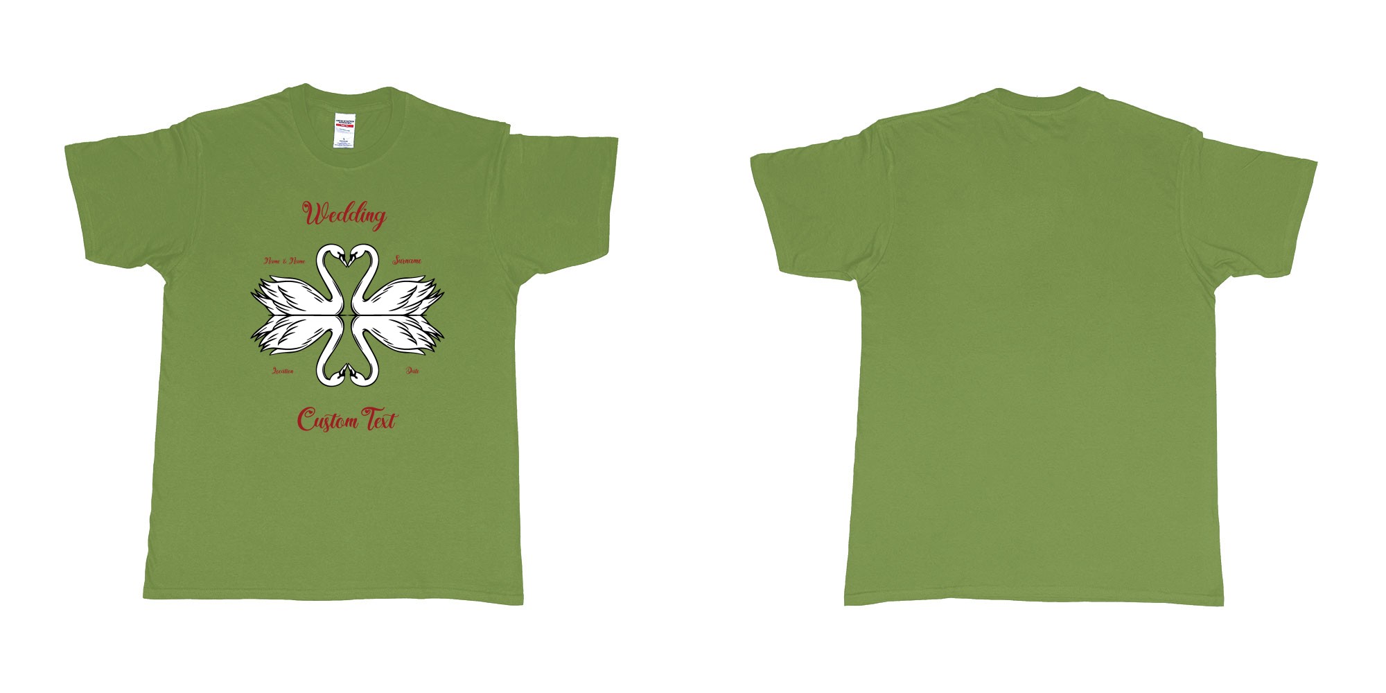 Custom tshirt design swans hearts reflection in fabric color military-green choice your own text made in Bali by The Pirate Way