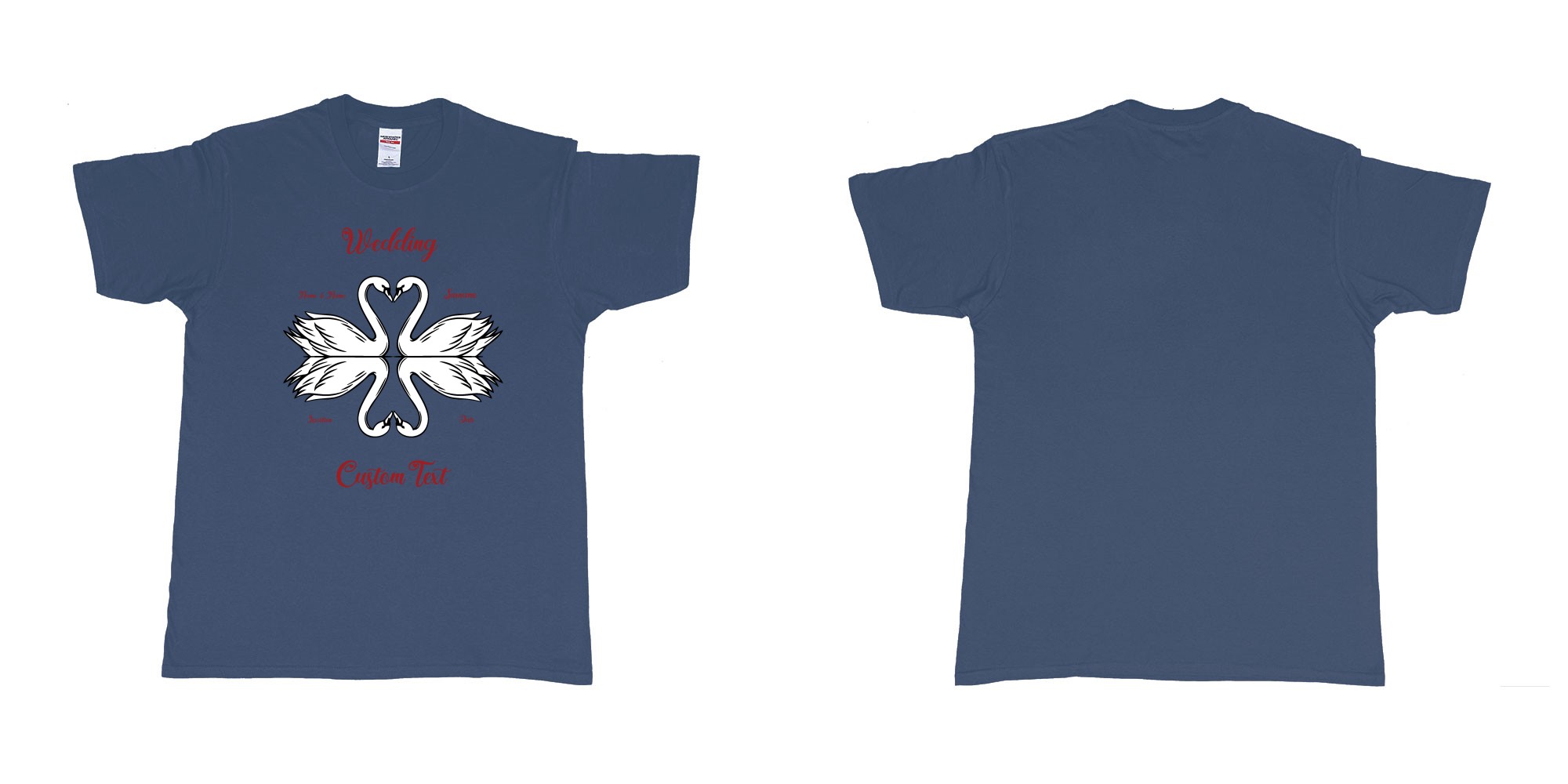 Custom tshirt design swans hearts reflection in fabric color navy choice your own text made in Bali by The Pirate Way