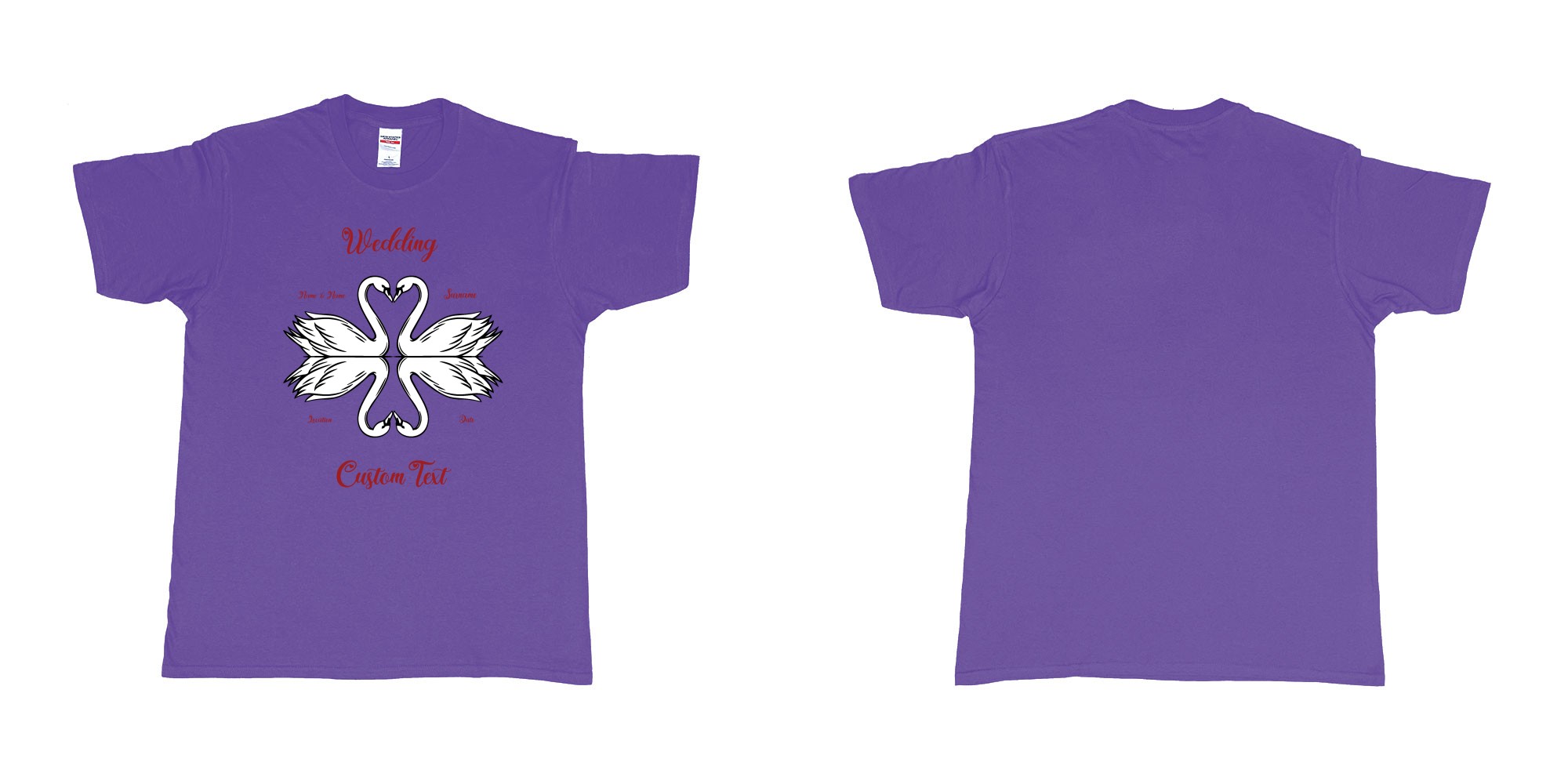 Custom tshirt design swans hearts reflection in fabric color purple choice your own text made in Bali by The Pirate Way