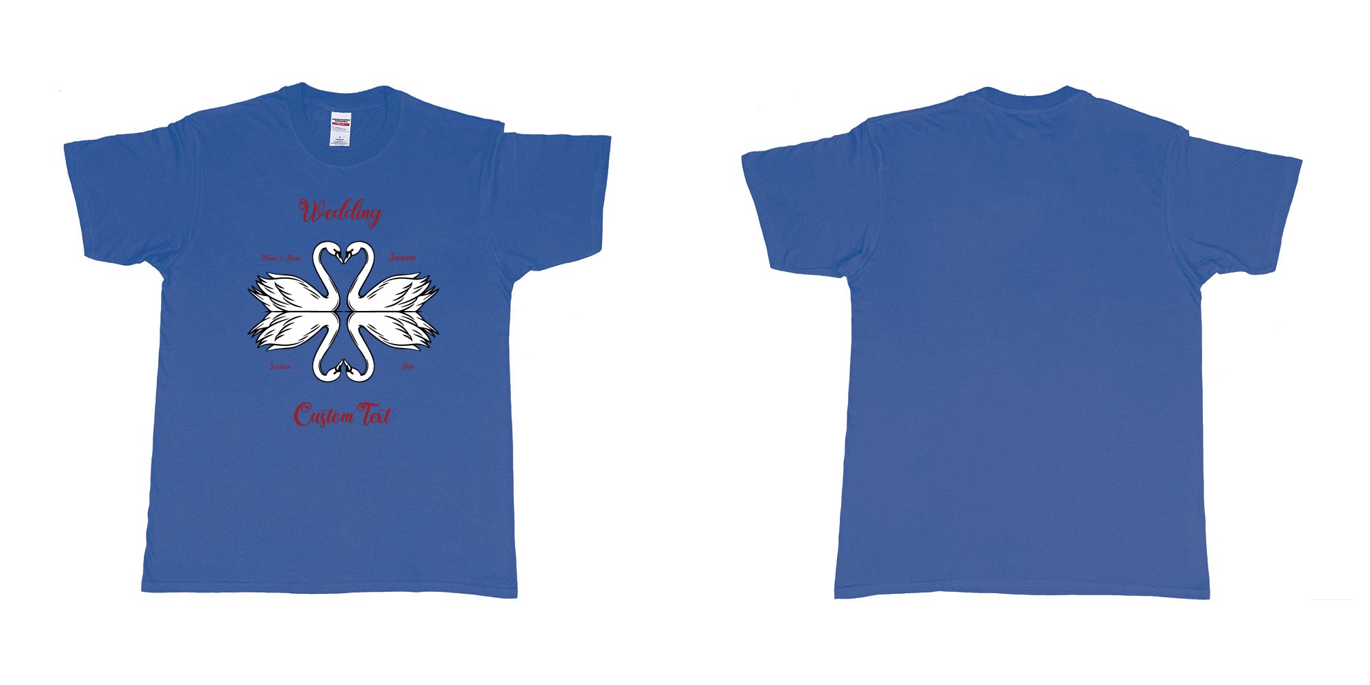 Custom tshirt design swans hearts reflection in fabric color royal-blue choice your own text made in Bali by The Pirate Way