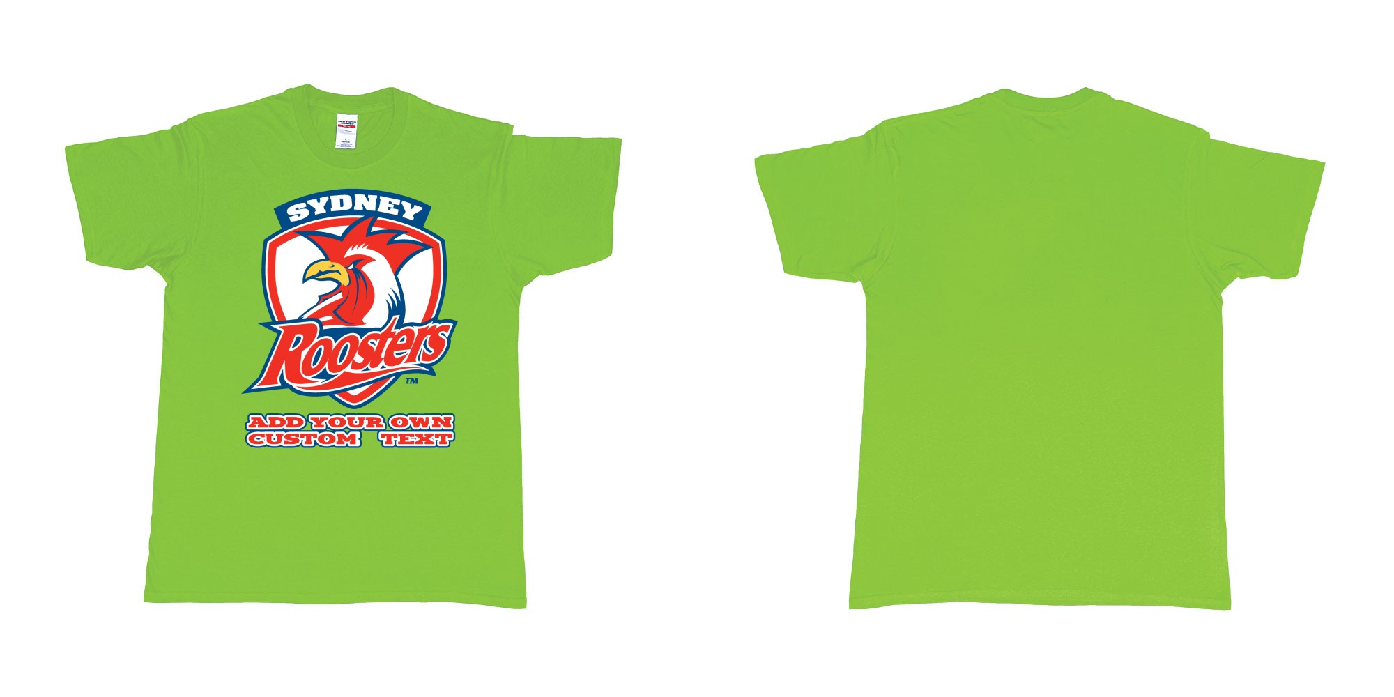 Custom tshirt design sydney roosters custom NRL design in fabric color lime choice your own text made in Bali by The Pirate Way