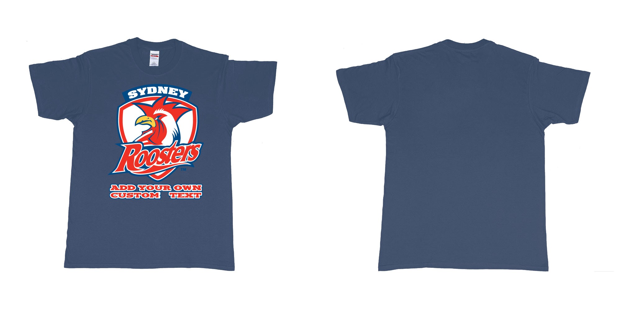 Custom tshirt design sydney roosters custom NRL design in fabric color navy choice your own text made in Bali by The Pirate Way