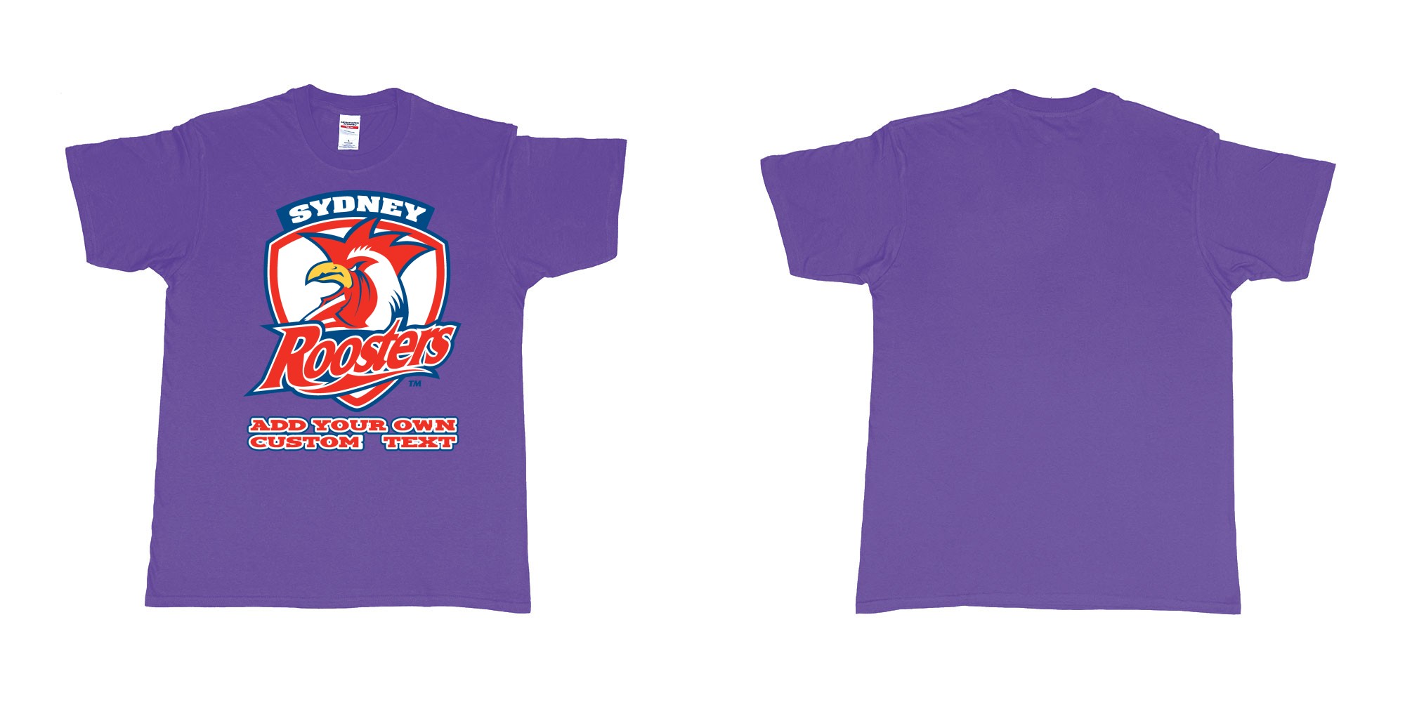 Custom tshirt design sydney roosters custom NRL design in fabric color purple choice your own text made in Bali by The Pirate Way