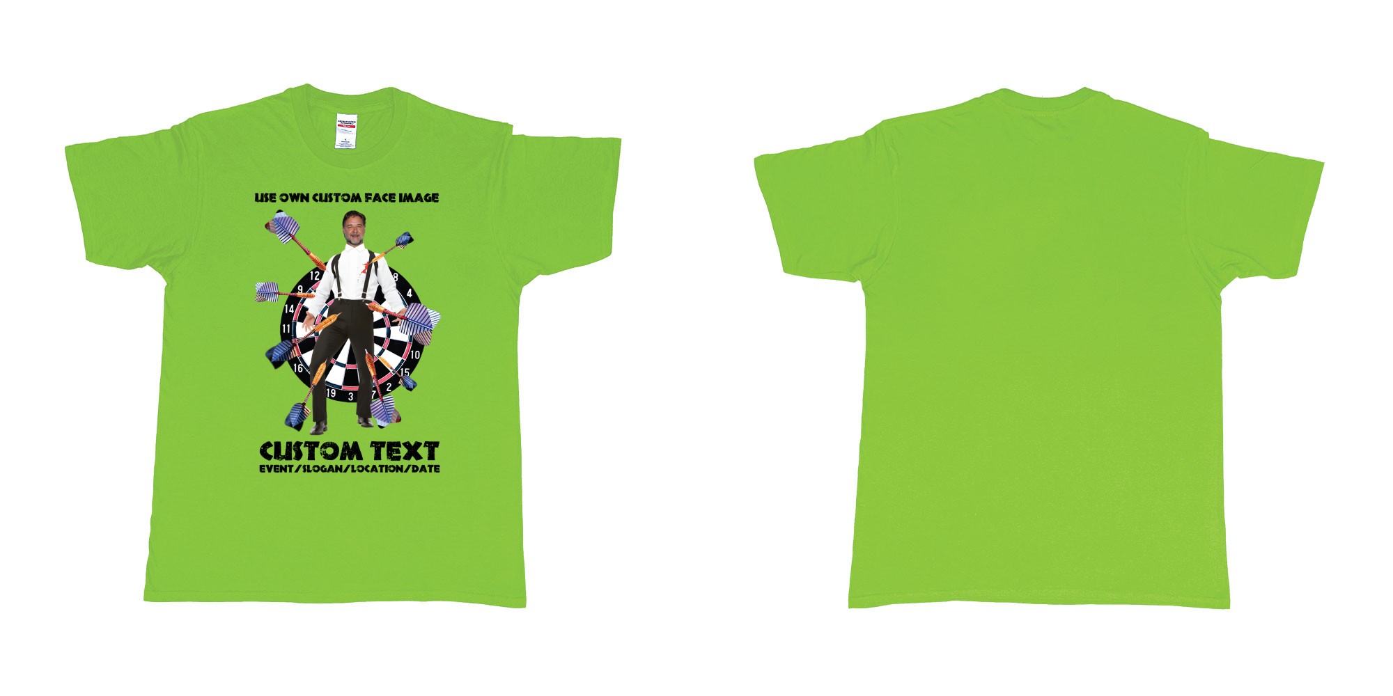 Custom tshirt design target darts custom face in fabric color lime choice your own text made in Bali by The Pirate Way