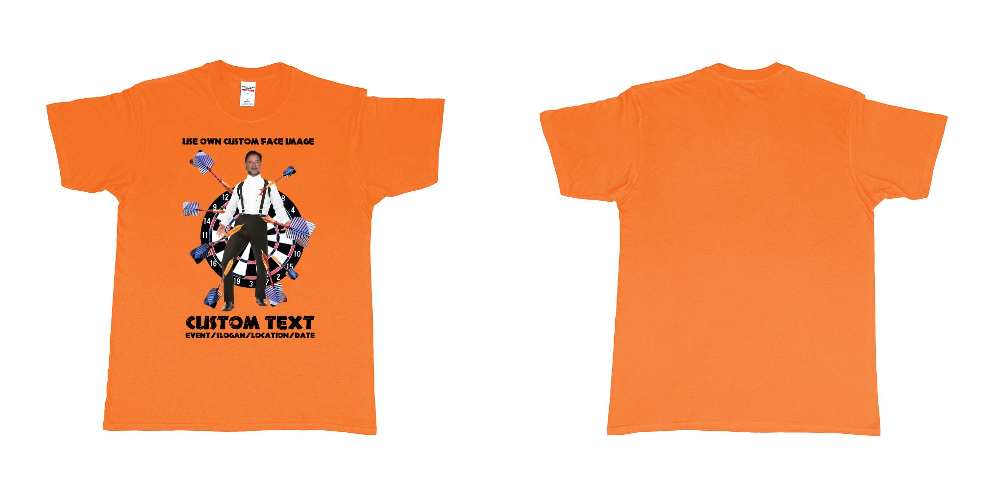Custom tshirt design target darts custom face in fabric color orange choice your own text made in Bali by The Pirate Way