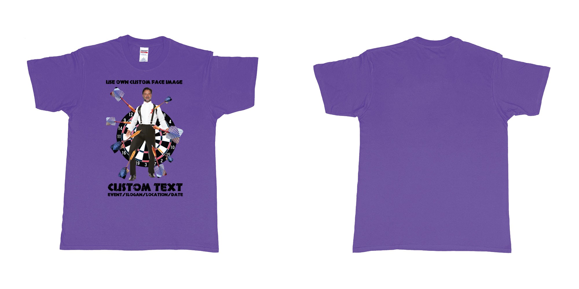 Custom tshirt design target darts custom face in fabric color purple choice your own text made in Bali by The Pirate Way