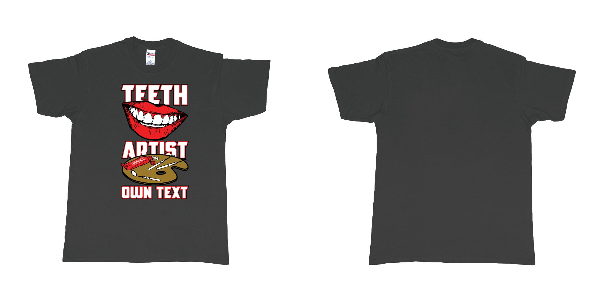 Custom tshirt design teeth artist own custom text tshirt print dentist bali in fabric color black choice your own text made in Bali by The Pirate Way