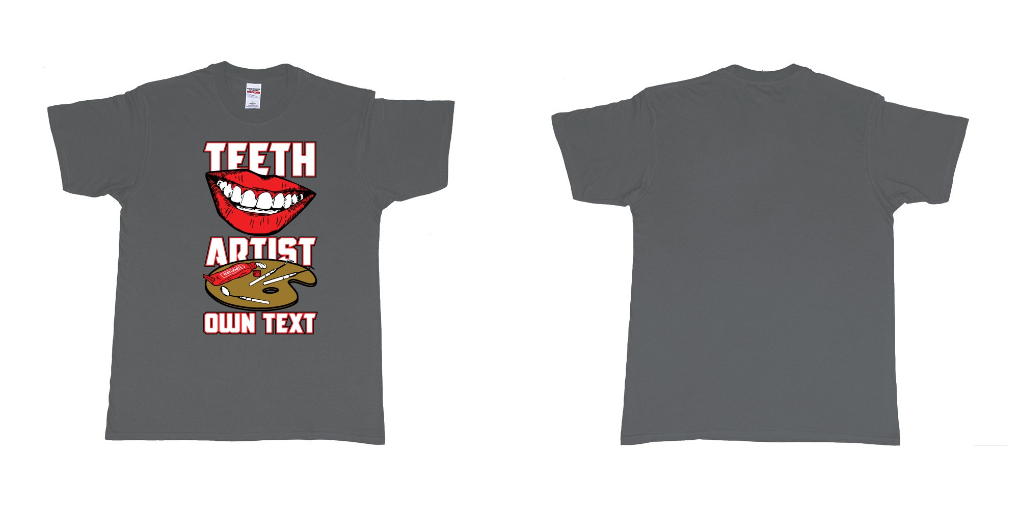 Custom tshirt design teeth artist own custom text tshirt print dentist bali in fabric color charcoal choice your own text made in Bali by The Pirate Way