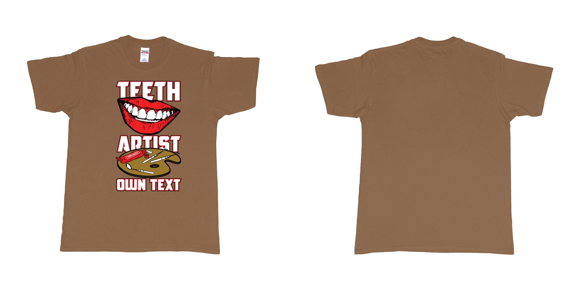 Custom tshirt design teeth artist own custom text tshirt print dentist bali in fabric color chestnut choice your own text made in Bali by The Pirate Way