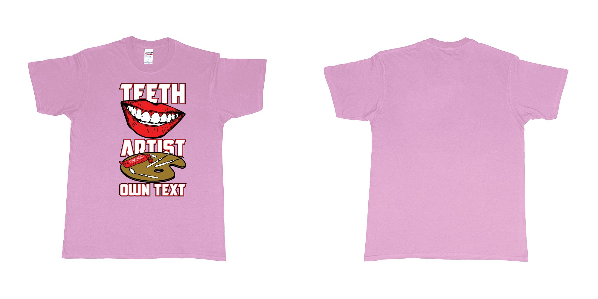 Custom tshirt design teeth artist own custom text tshirt print dentist bali in fabric color light-pink choice your own text made in Bali by The Pirate Way