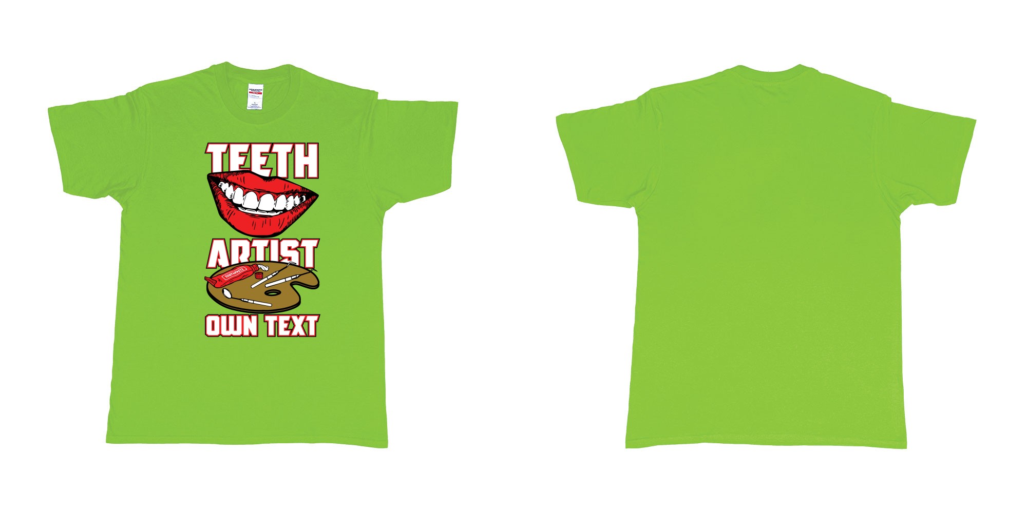 Custom tshirt design teeth artist own custom text tshirt print dentist bali in fabric color lime choice your own text made in Bali by The Pirate Way