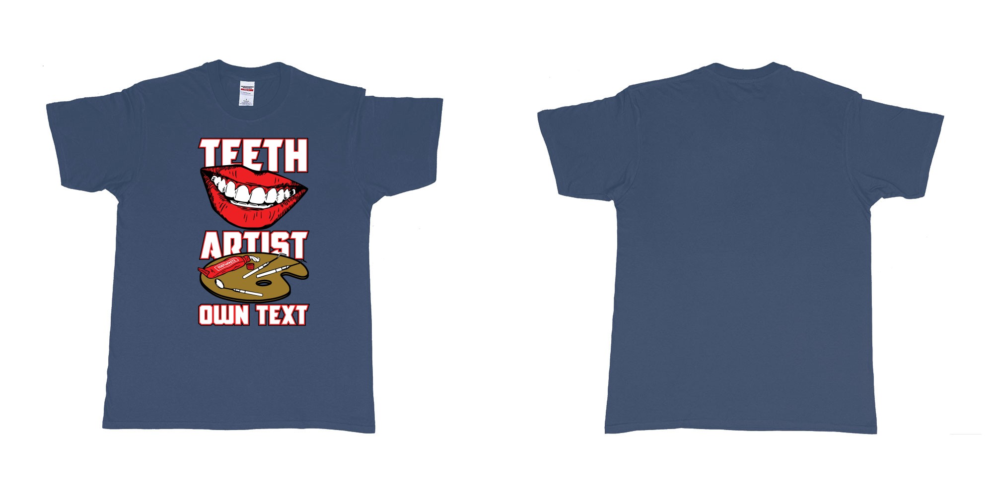Custom tshirt design teeth artist own custom text tshirt print dentist bali in fabric color navy choice your own text made in Bali by The Pirate Way