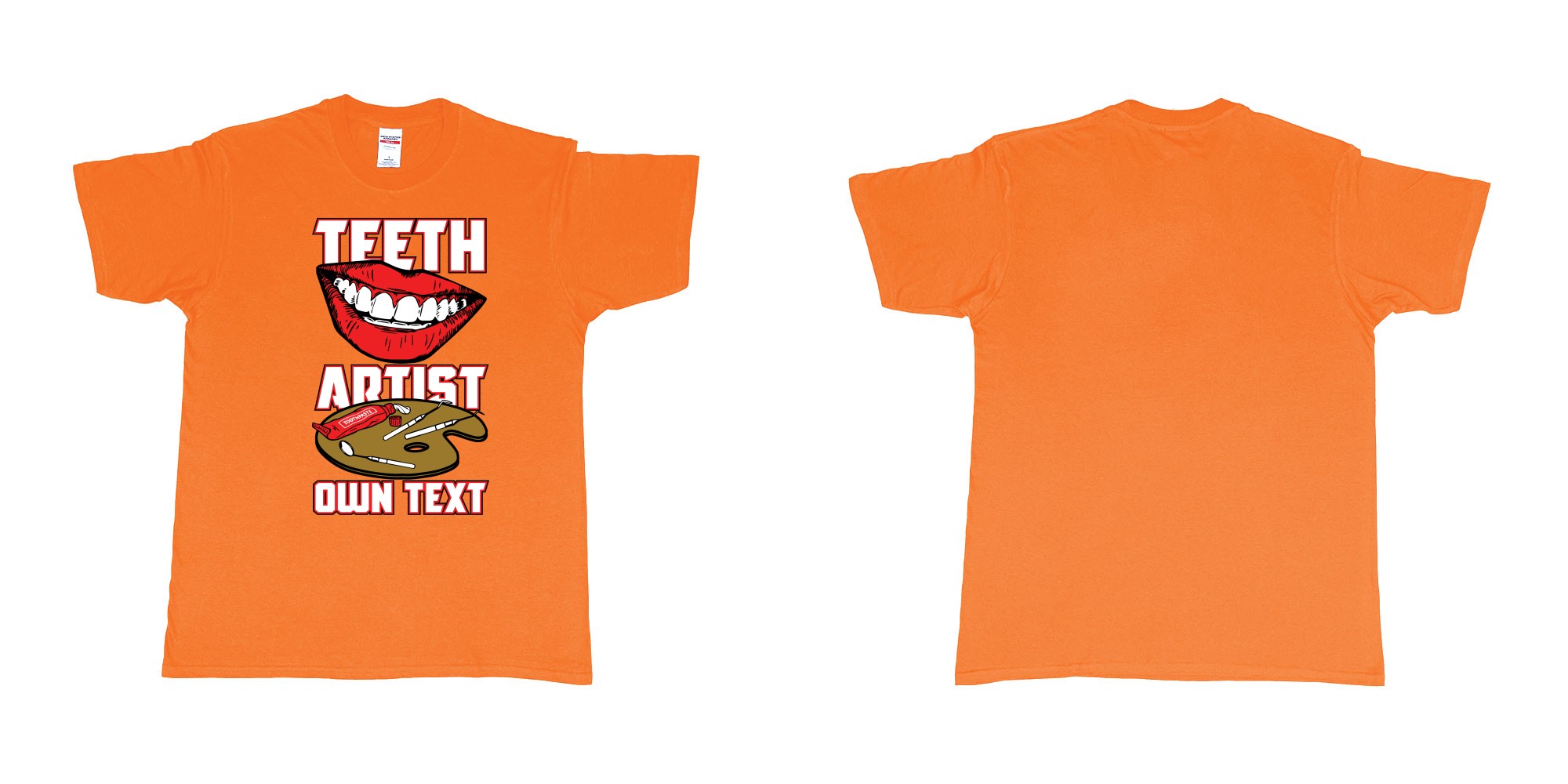 Custom tshirt design teeth artist own custom text tshirt print dentist bali in fabric color orange choice your own text made in Bali by The Pirate Way