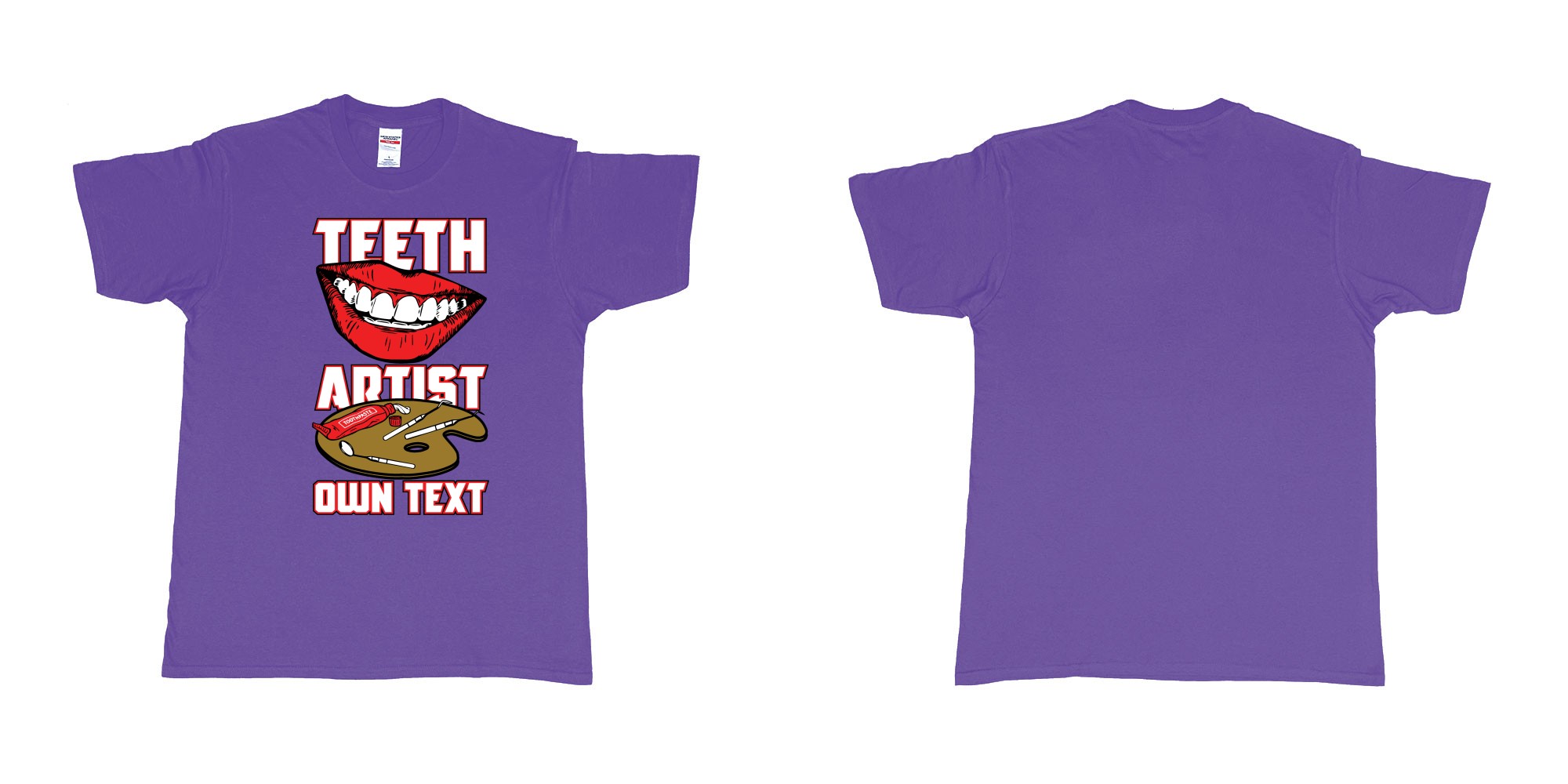Custom tshirt design teeth artist own custom text tshirt print dentist bali in fabric color purple choice your own text made in Bali by The Pirate Way