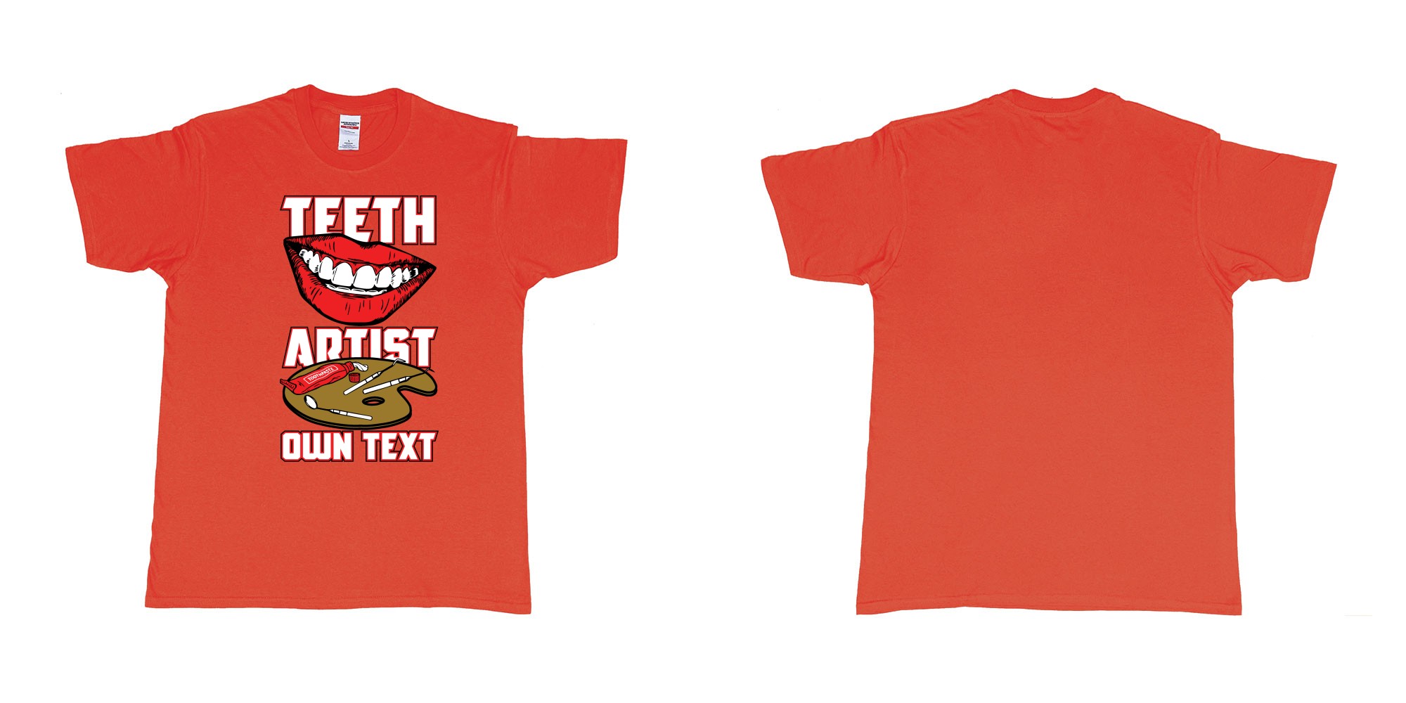 Custom tshirt design teeth artist own custom text tshirt print dentist bali in fabric color red choice your own text made in Bali by The Pirate Way