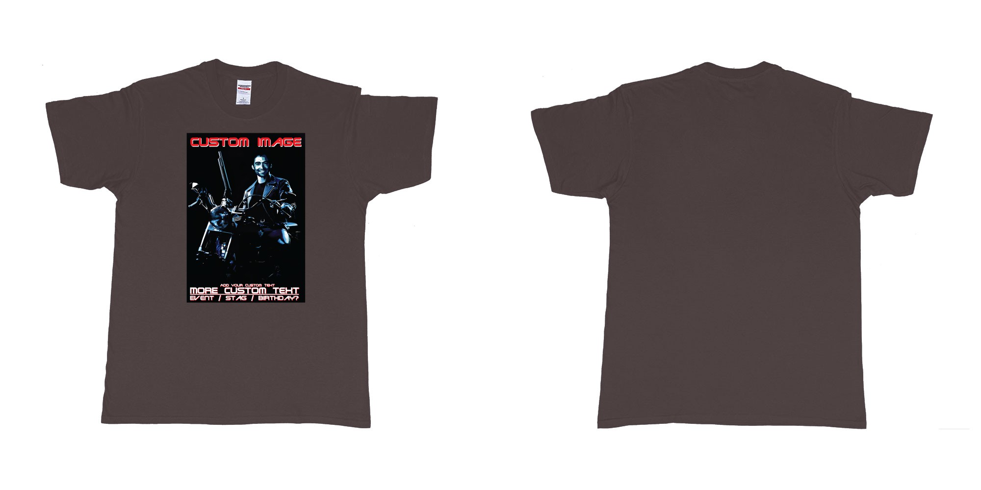 Custom tshirt design terminator 2 judgement day hugh jackman custom face in fabric color dark-chocolate choice your own text made in Bali by The Pirate Way