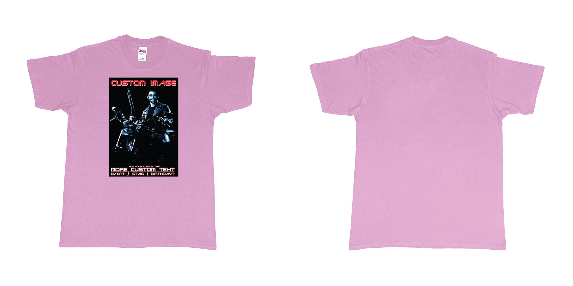 Custom tshirt design terminator 2 judgement day hugh jackman custom face in fabric color light-pink choice your own text made in Bali by The Pirate Way