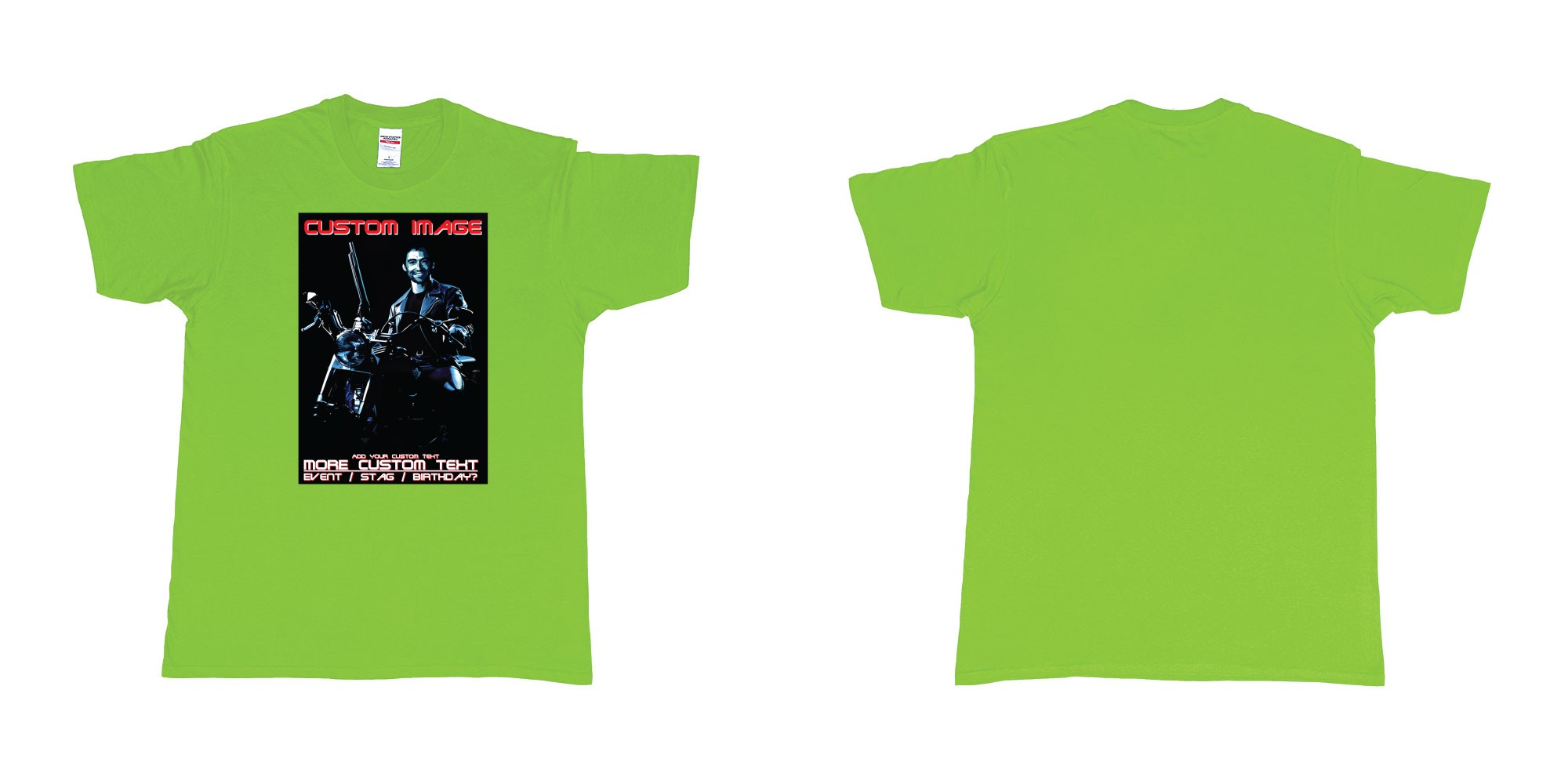 Custom tshirt design terminator 2 judgement day hugh jackman custom face in fabric color lime choice your own text made in Bali by The Pirate Way