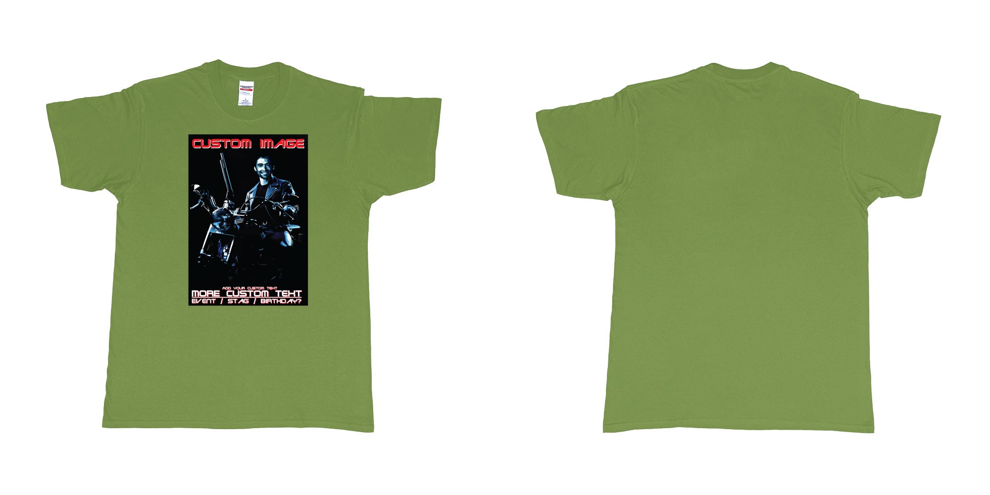 Custom tshirt design terminator 2 judgement day hugh jackman custom face in fabric color military-green choice your own text made in Bali by The Pirate Way