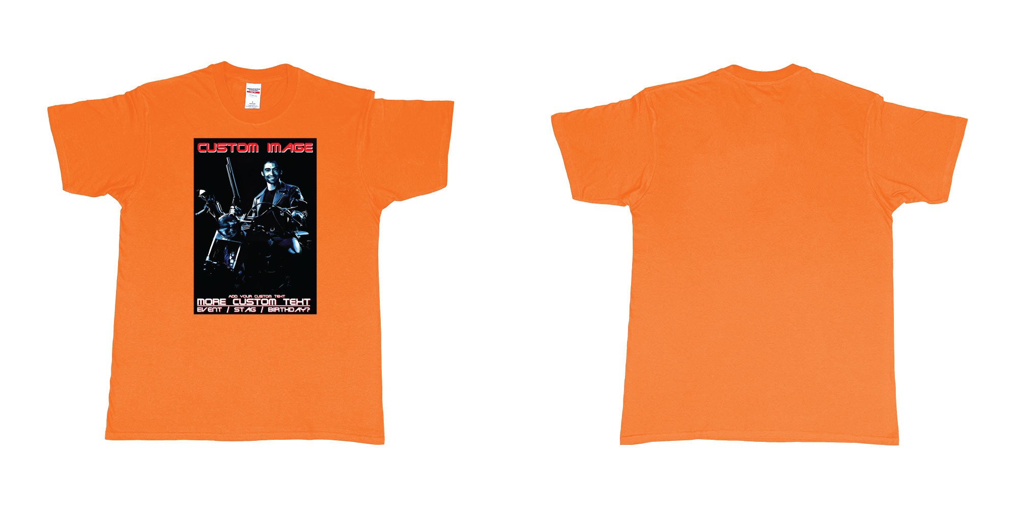 Custom tshirt design terminator 2 judgement day hugh jackman custom face in fabric color orange choice your own text made in Bali by The Pirate Way