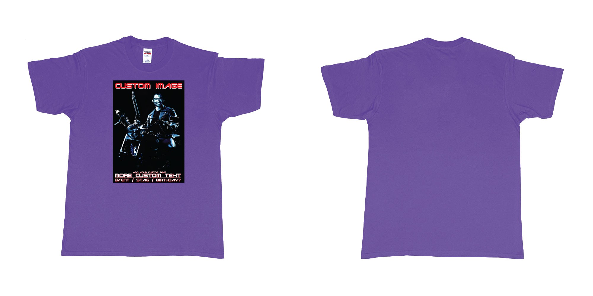 Custom tshirt design terminator 2 judgement day hugh jackman custom face in fabric color purple choice your own text made in Bali by The Pirate Way