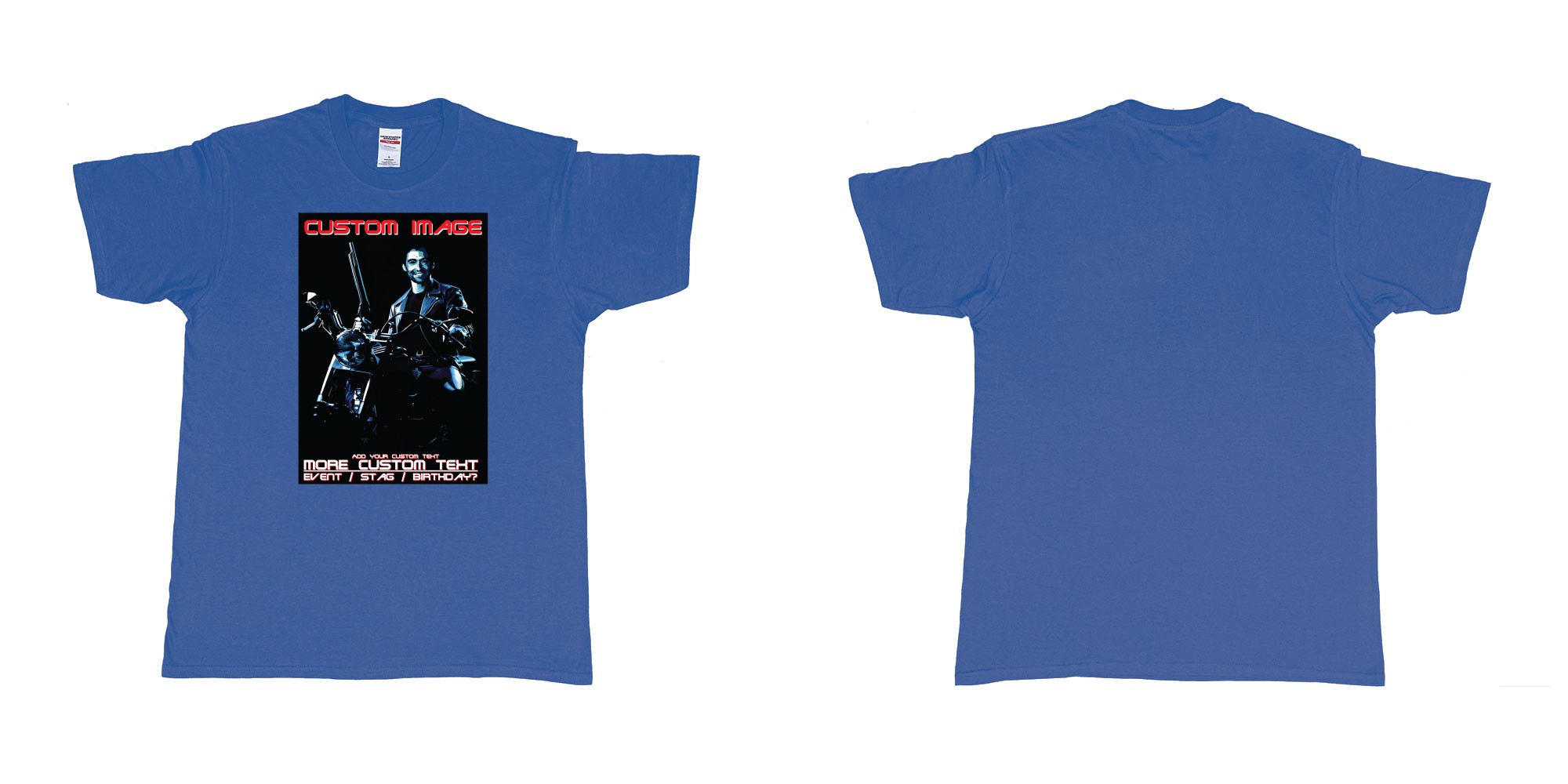 Custom tshirt design terminator 2 judgement day hugh jackman custom face in fabric color royal-blue choice your own text made in Bali by The Pirate Way