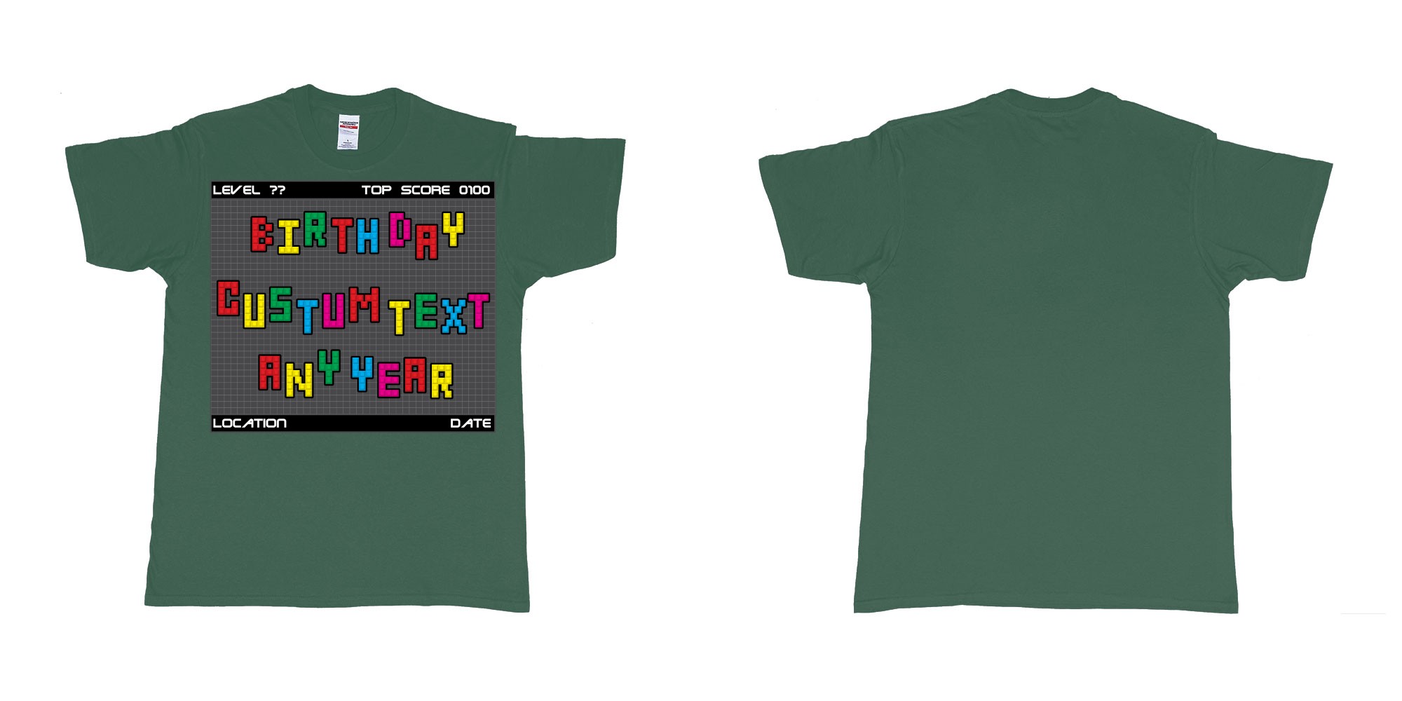 Custom tshirt design tetris block custom text birthday in fabric color forest-green choice your own text made in Bali by The Pirate Way