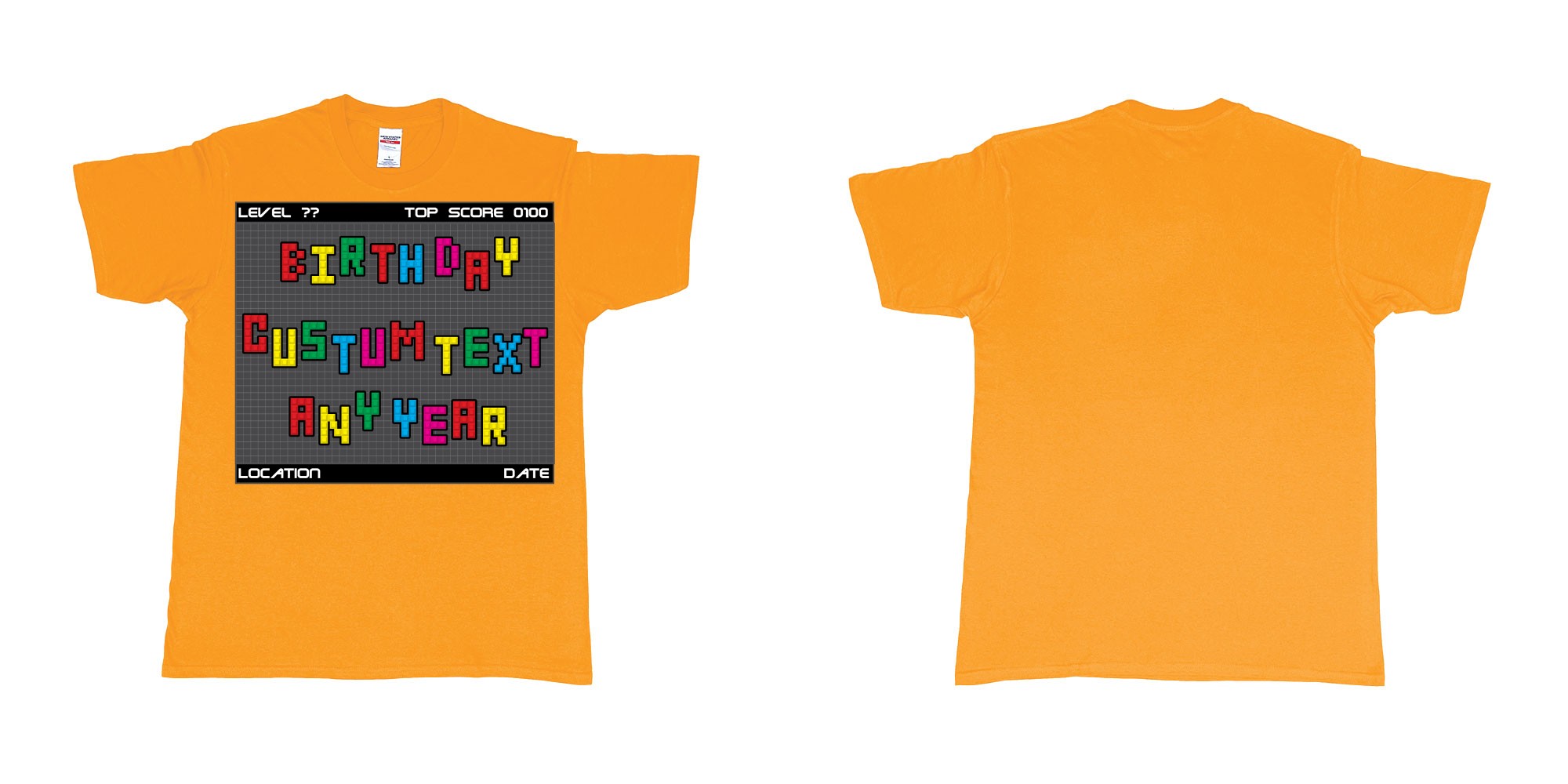 Custom tshirt design tetris block custom text birthday in fabric color gold choice your own text made in Bali by The Pirate Way