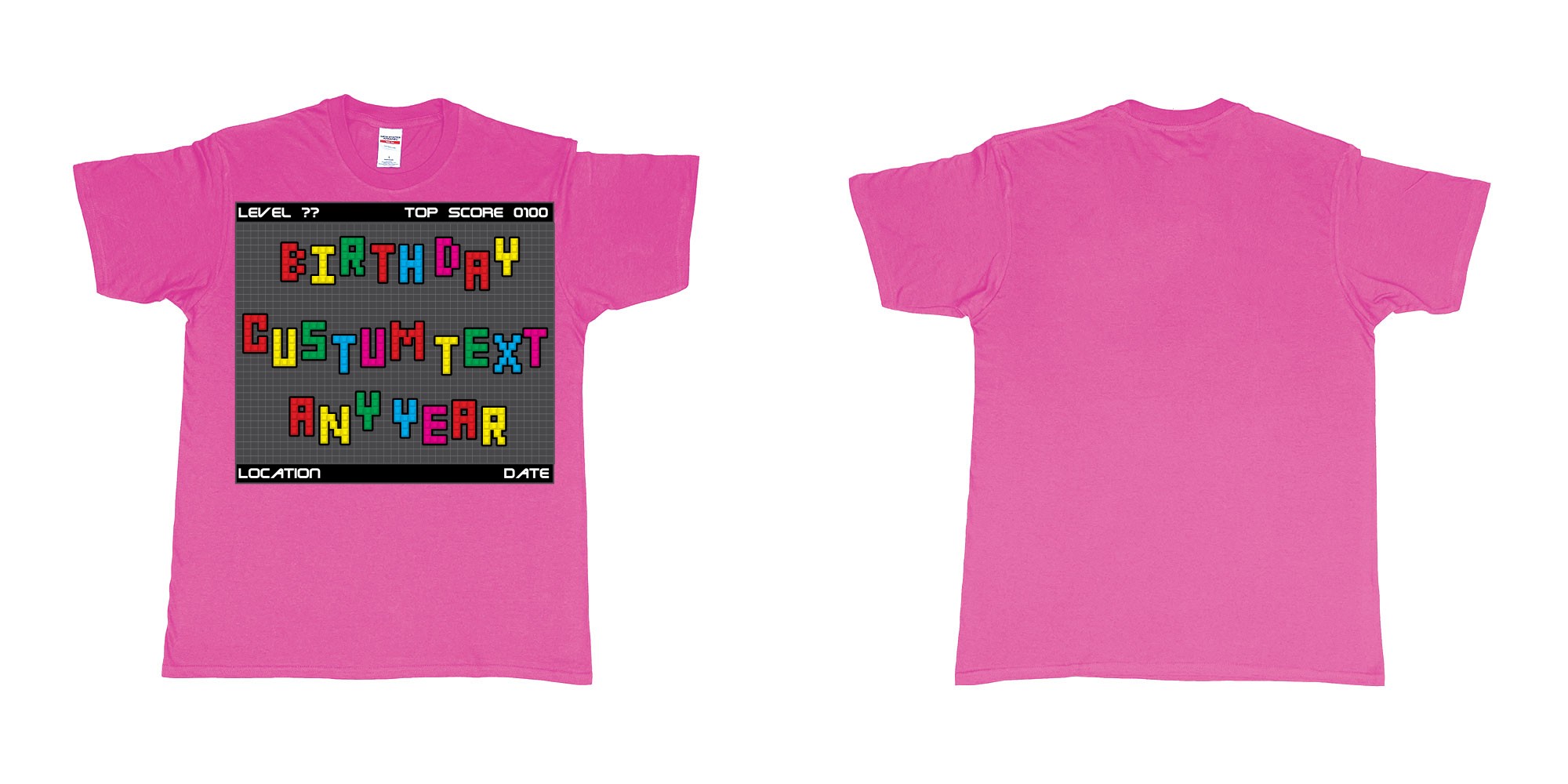 Custom tshirt design tetris block custom text birthday in fabric color heliconia choice your own text made in Bali by The Pirate Way