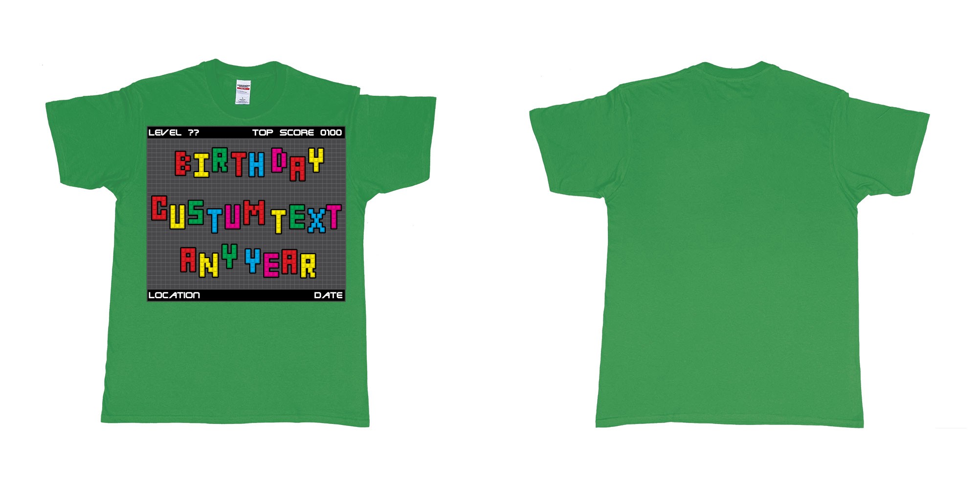 Custom tshirt design tetris block custom text birthday in fabric color irish-green choice your own text made in Bali by The Pirate Way