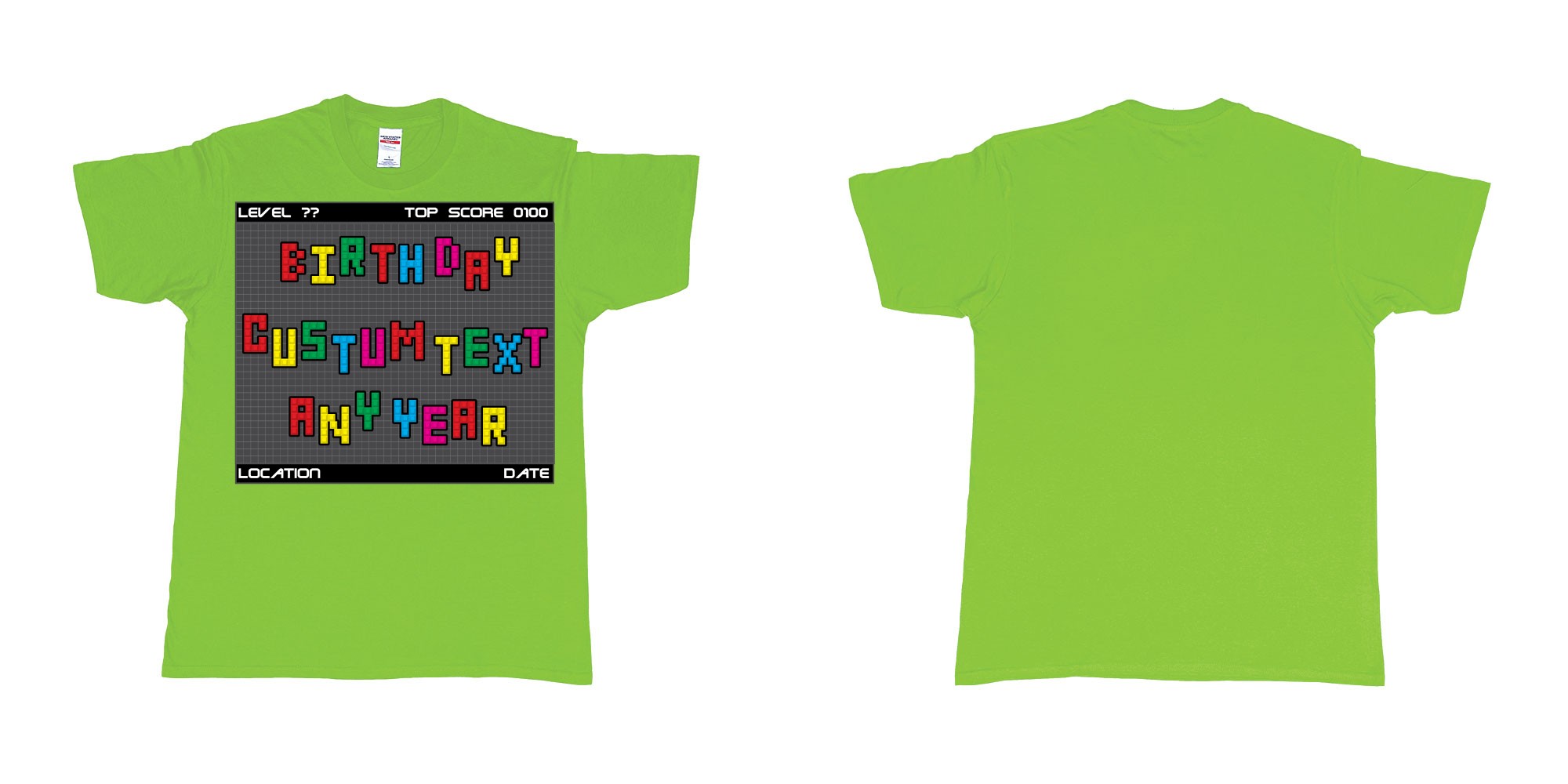 Custom tshirt design tetris block custom text birthday in fabric color lime choice your own text made in Bali by The Pirate Way