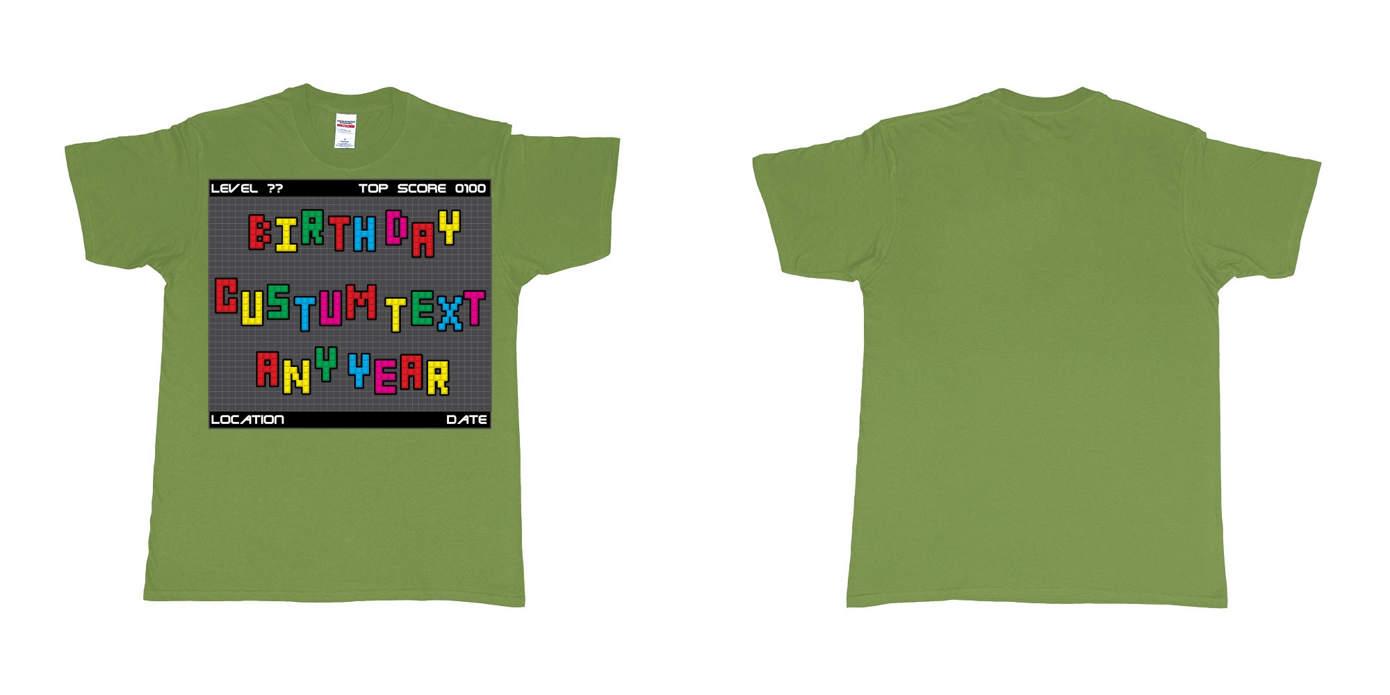 Custom tshirt design tetris block custom text birthday in fabric color military-green choice your own text made in Bali by The Pirate Way