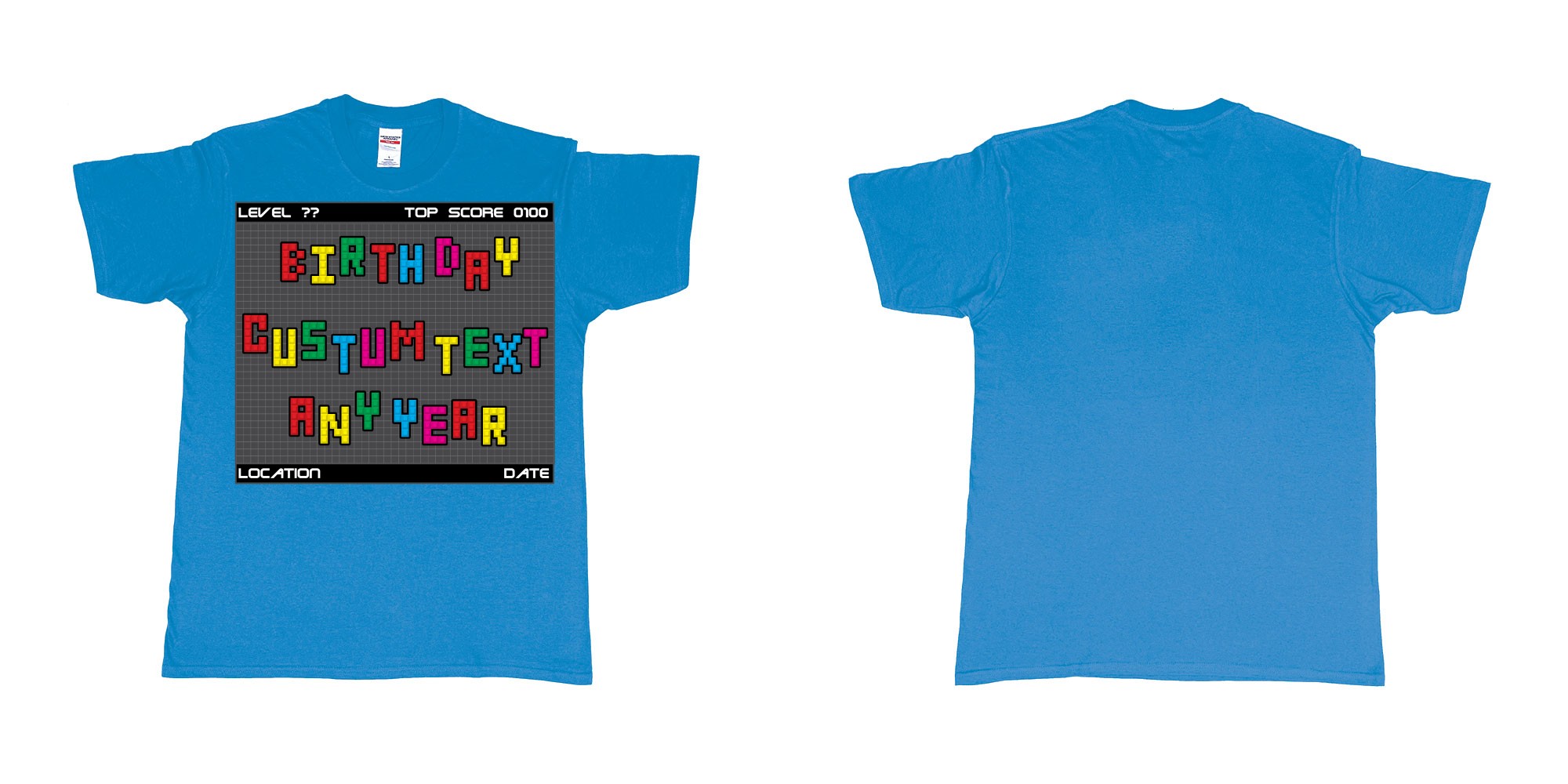 Custom tshirt design tetris block custom text birthday in fabric color sapphire choice your own text made in Bali by The Pirate Way