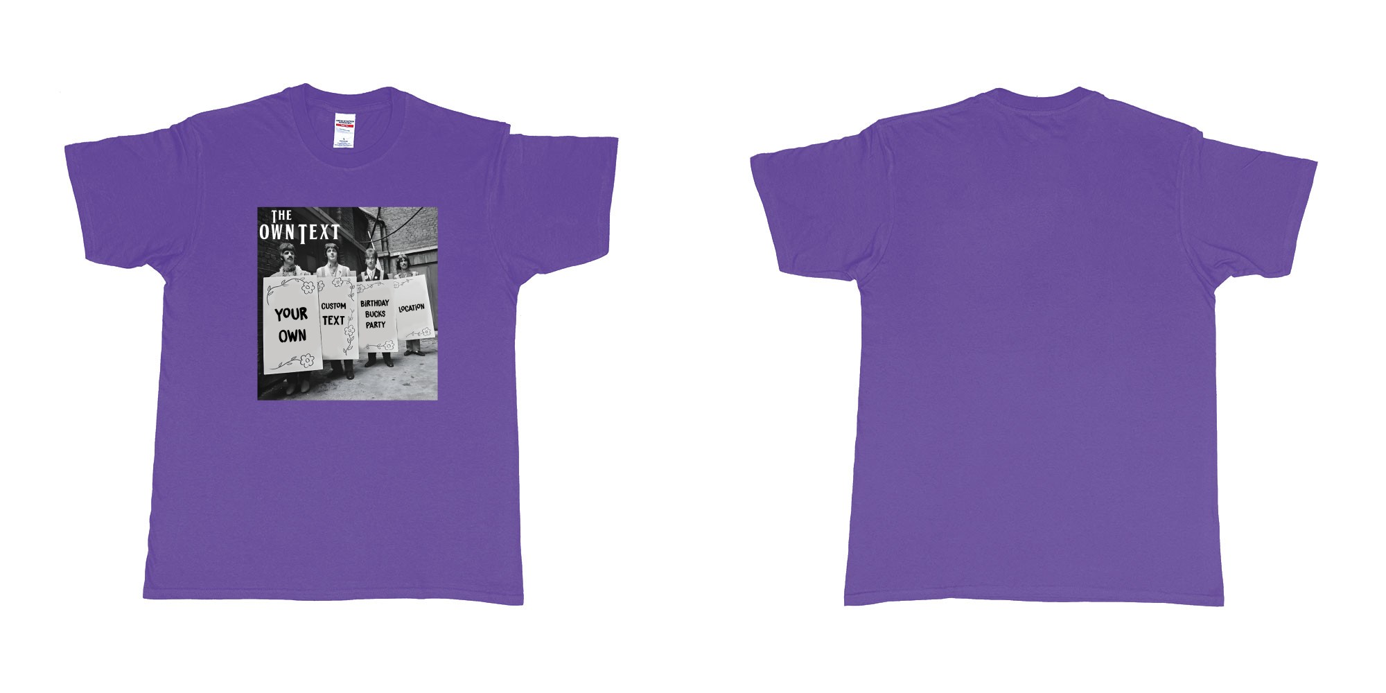 Custom tshirt design the beatles holding signs custom text in fabric color purple choice your own text made in Bali by The Pirate Way