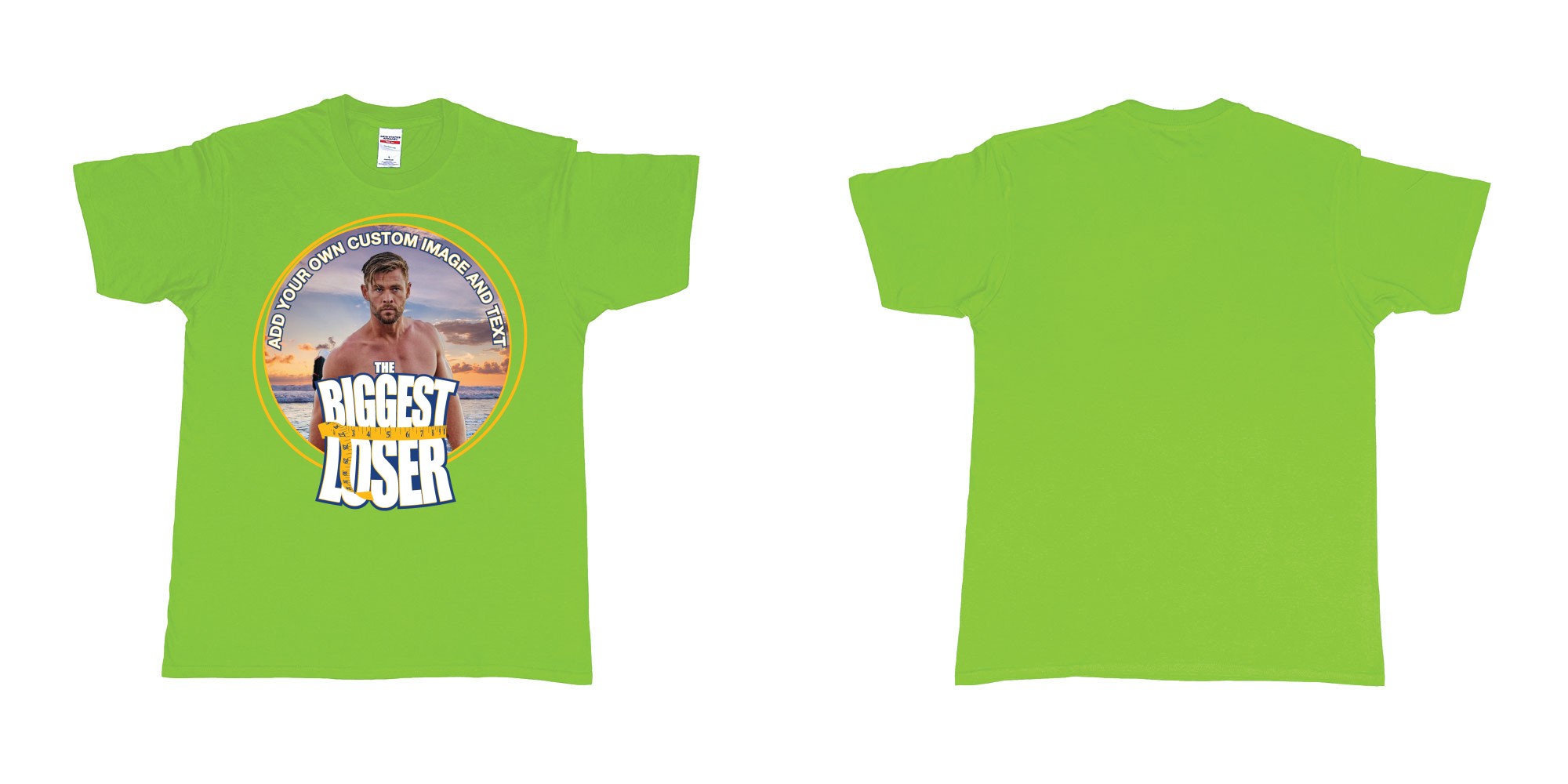 Custom tshirt design the biggest loser logo custom image funny tshirt design in fabric color lime choice your own text made in Bali by The Pirate Way