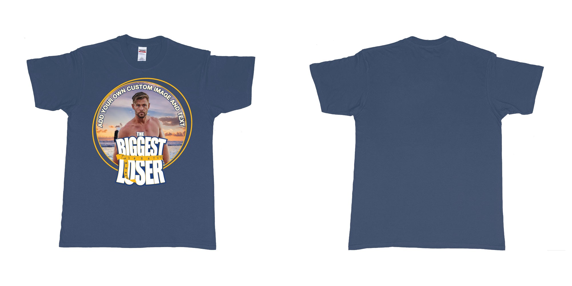 Custom tshirt design the biggest loser logo custom image funny tshirt design in fabric color navy choice your own text made in Bali by The Pirate Way
