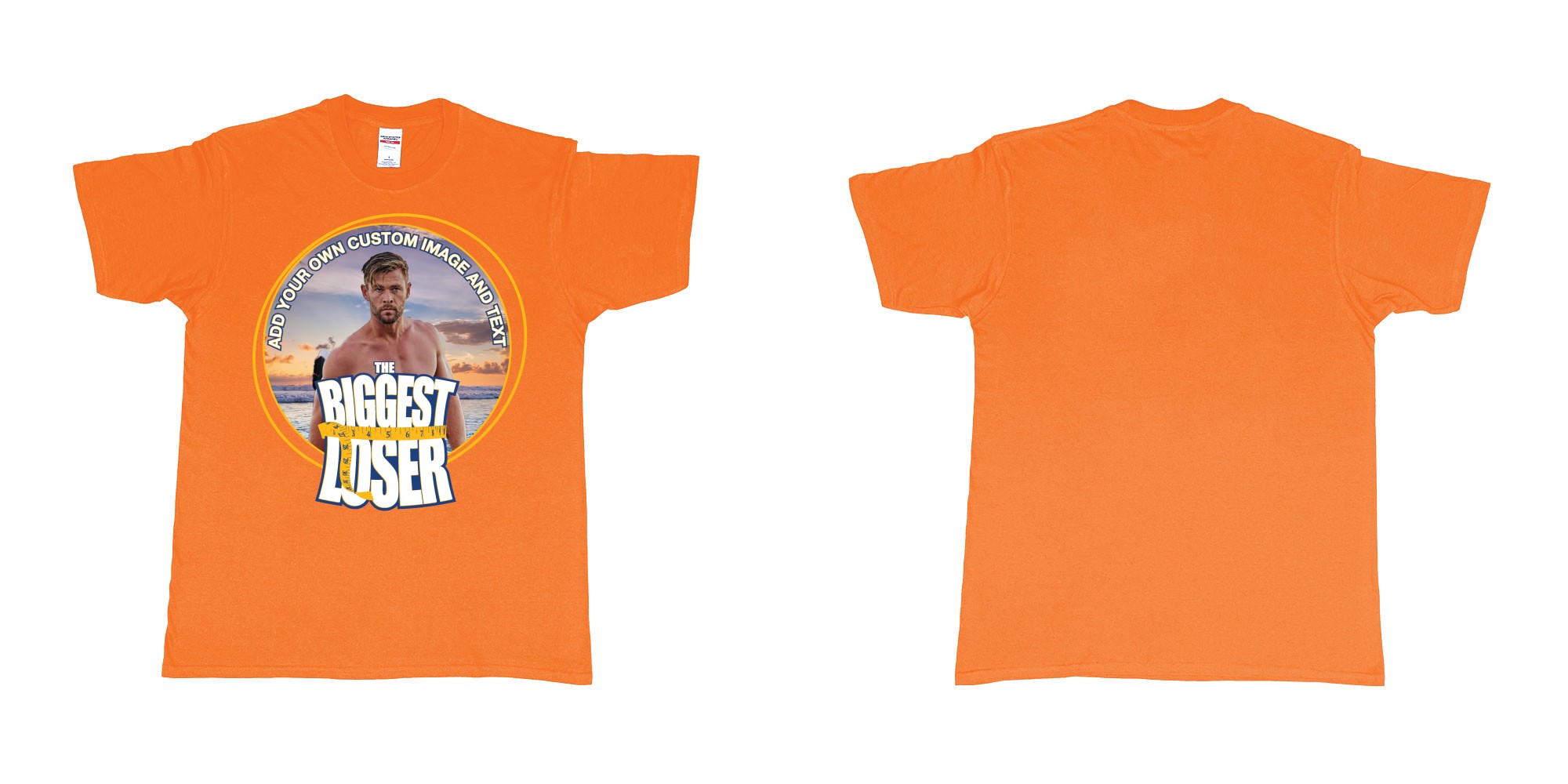 Custom tshirt design the biggest loser logo custom image funny tshirt design in fabric color orange choice your own text made in Bali by The Pirate Way